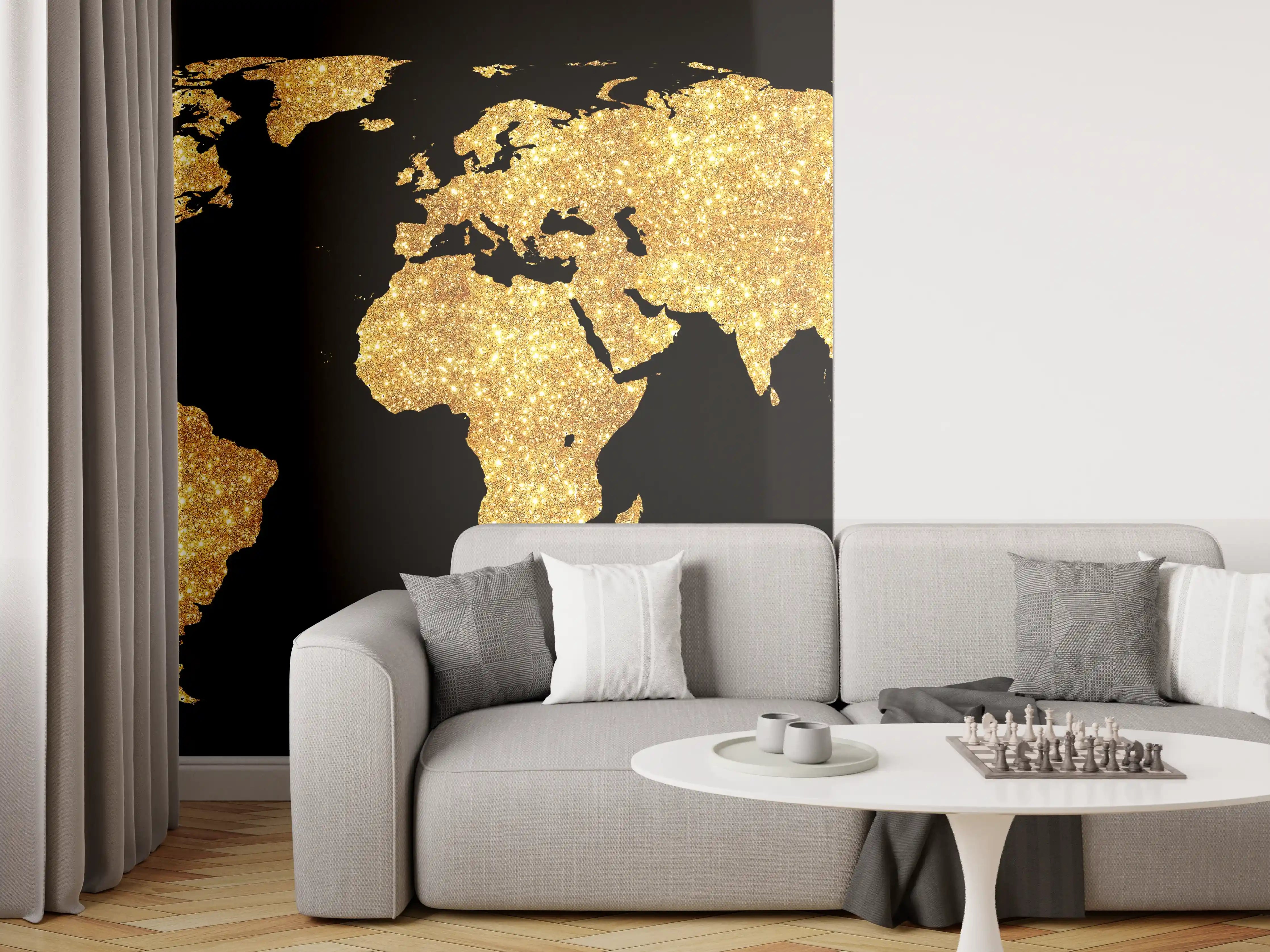 Wandverkleidung Wohnzimmer - Goldene Weltkarte Nachtlicht