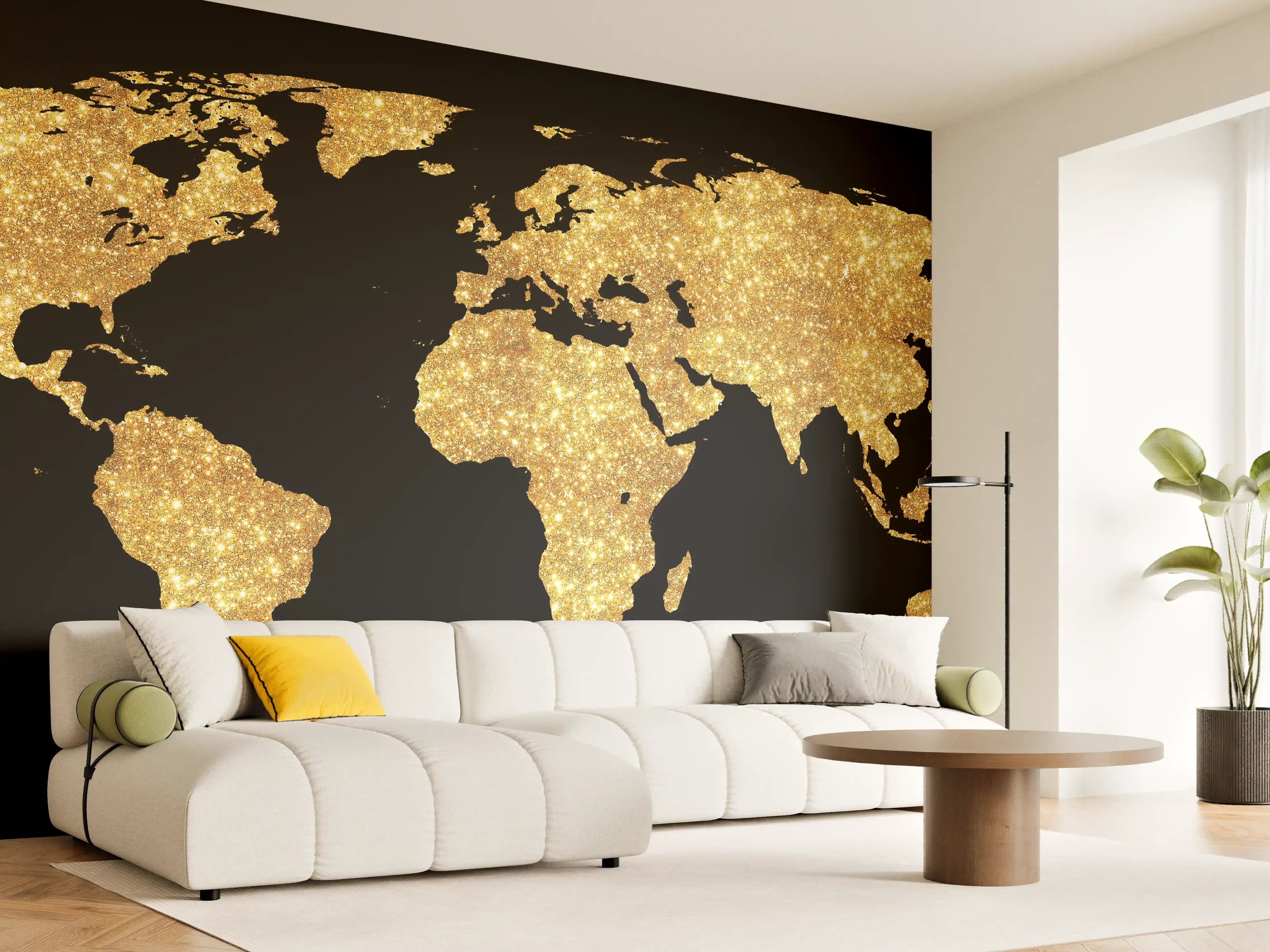 Wandverkleidung Wohnzimmer - Goldene Weltkarte Nachtlicht