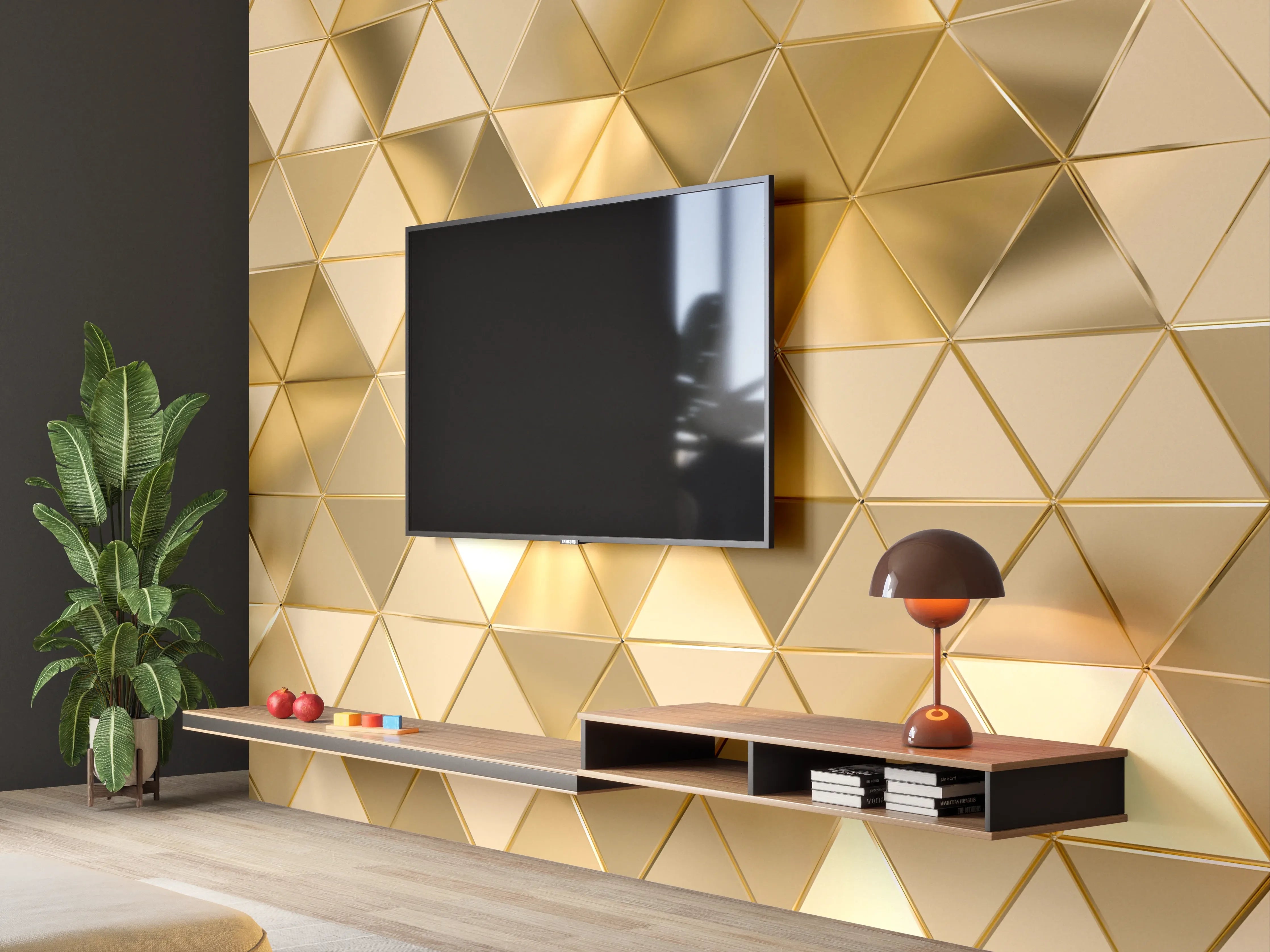 Wandverkleidung Wohnzimmer - Goldene geometrische Muster - Elegantes Dekor