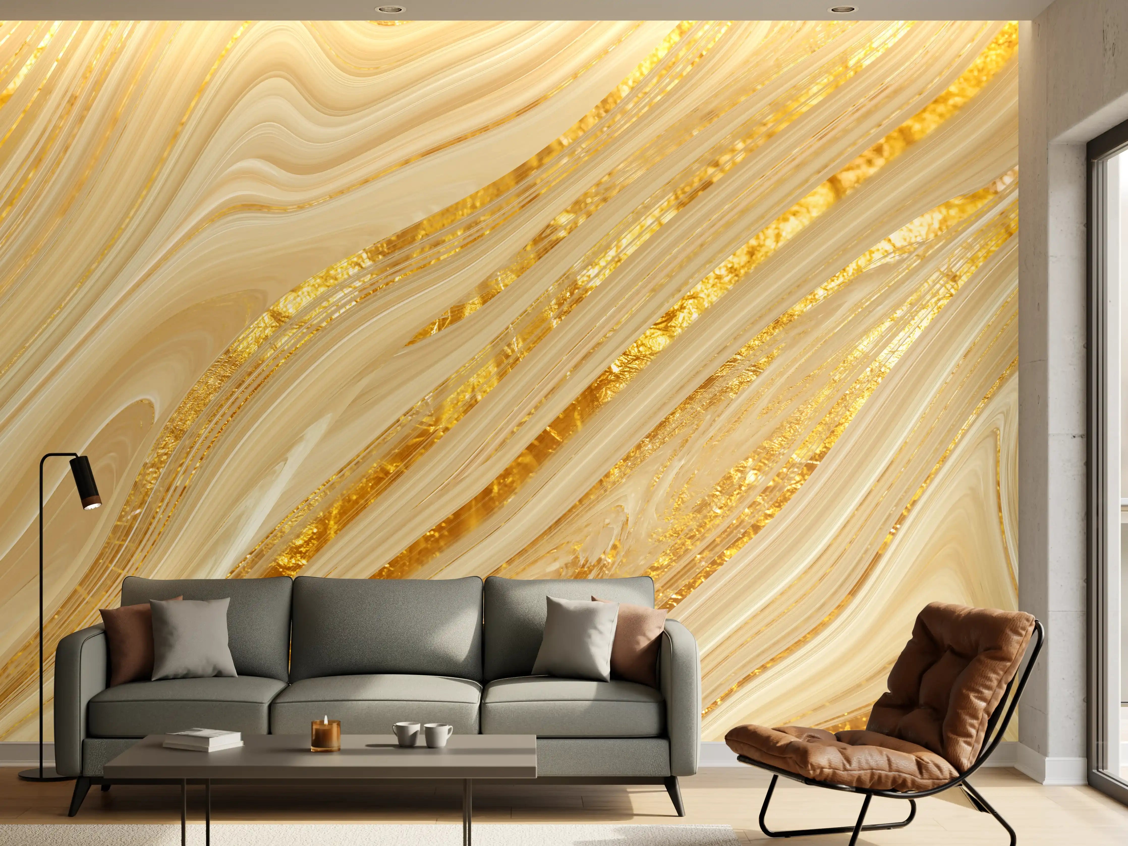 Wandverkleidung Wohnzimmer - Goldene wellenförmige Marmorierung