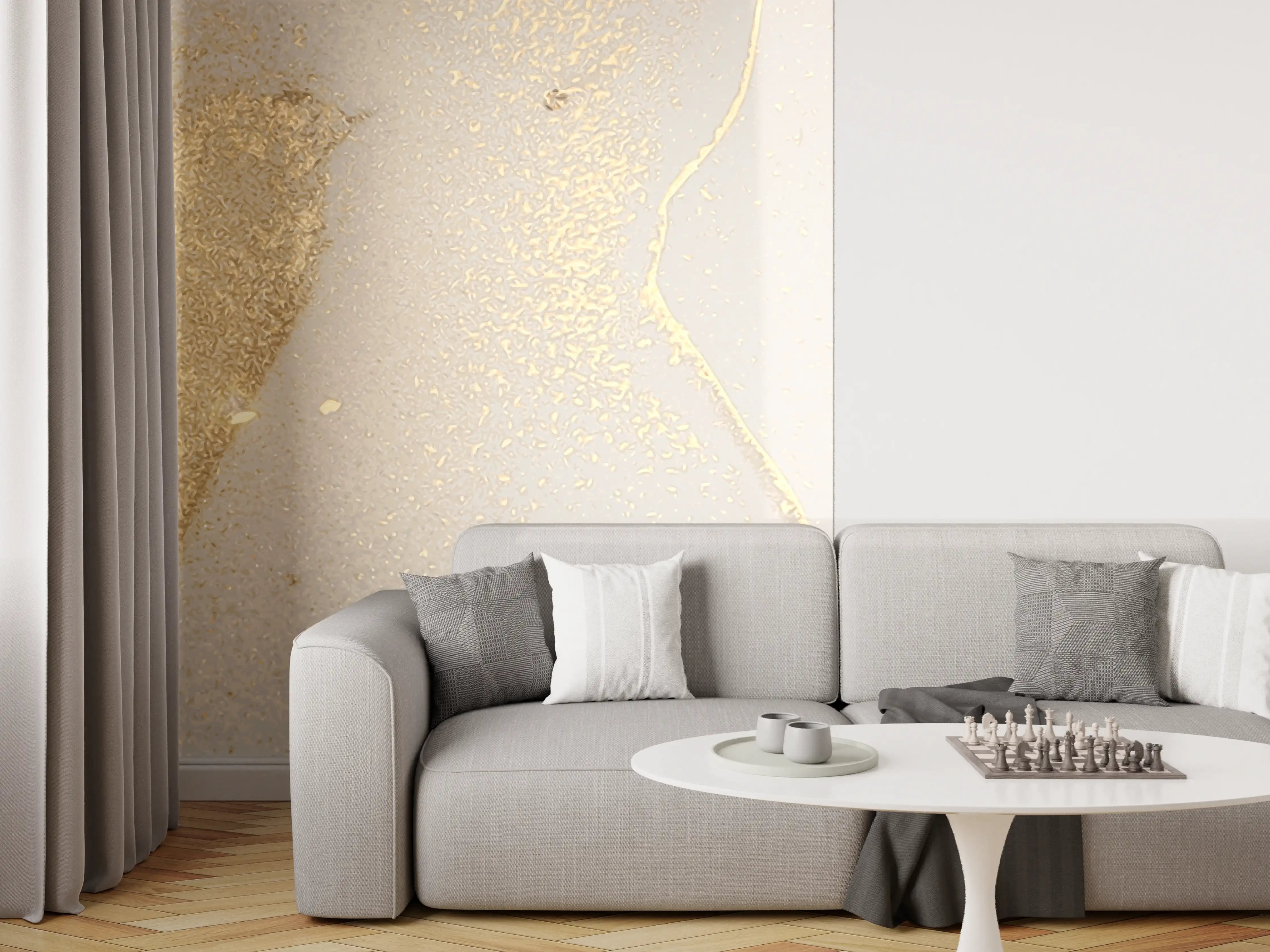 Wandverkleidung Wohnzimmer - Goldener Glanz auf Cremeweiß