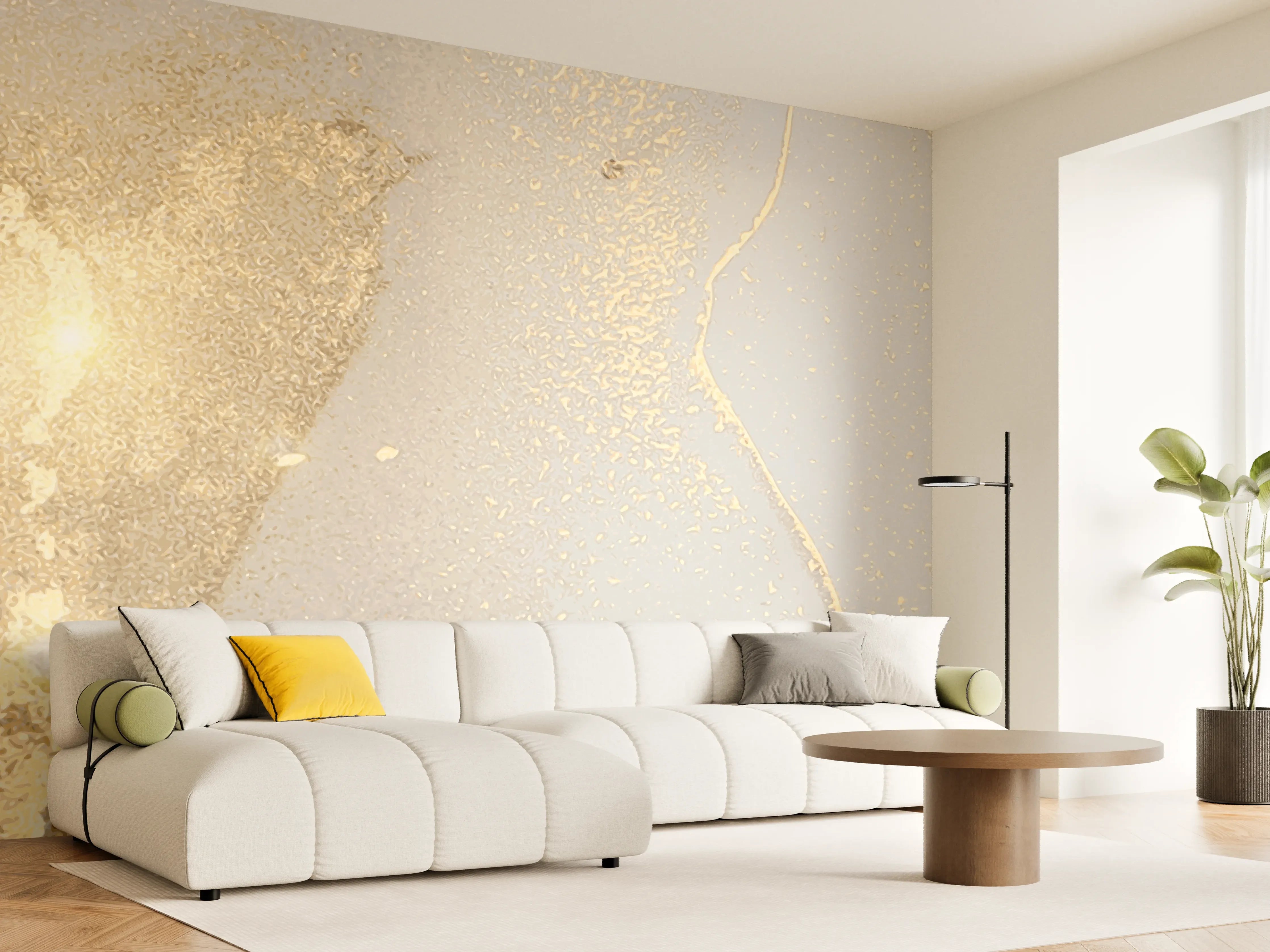 Wandverkleidung Wohnzimmer - Goldener Glanz auf Cremeweiß