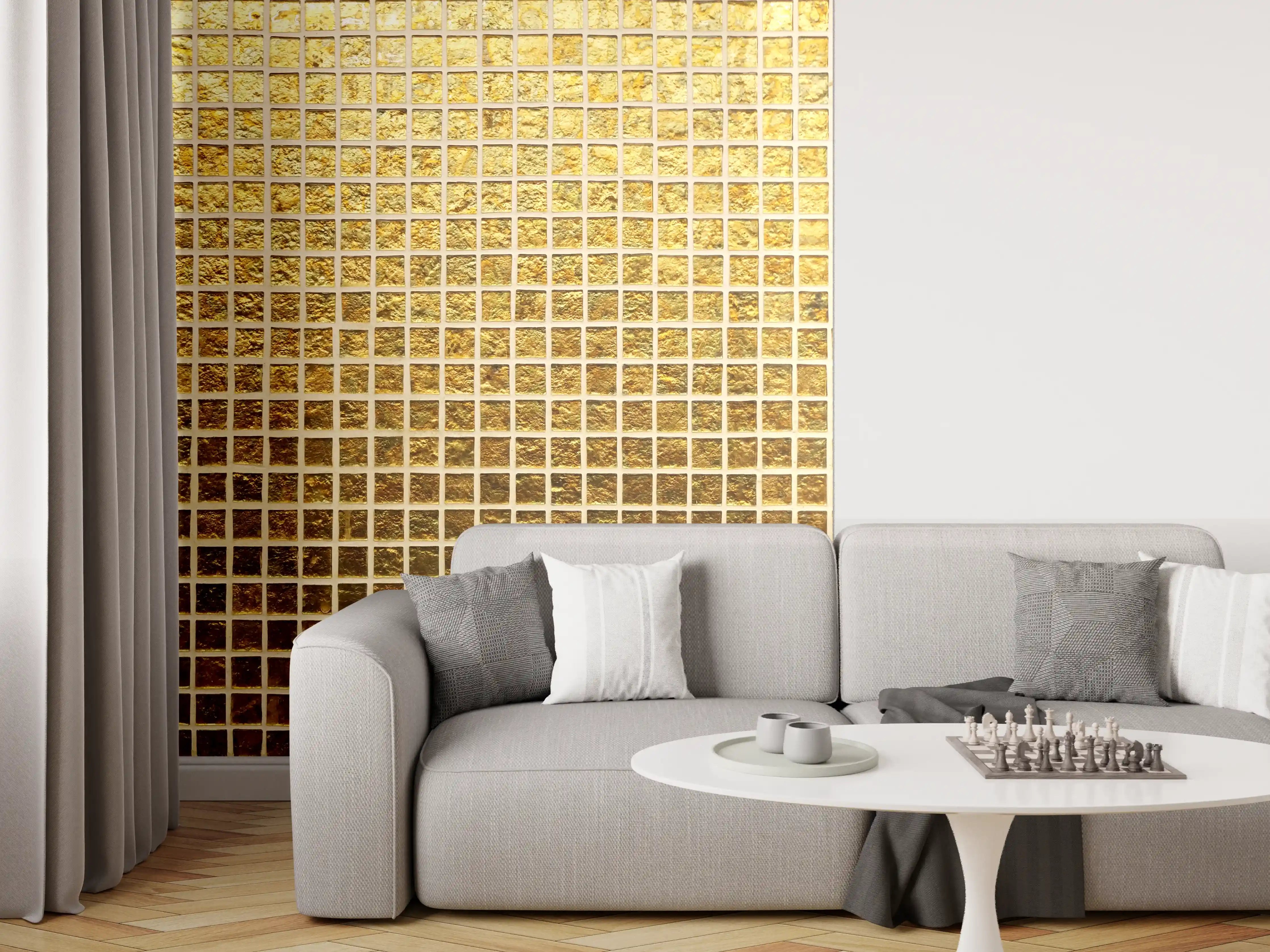Wandverkleidung Wohnzimmer - Goldenes Fliesenmuster