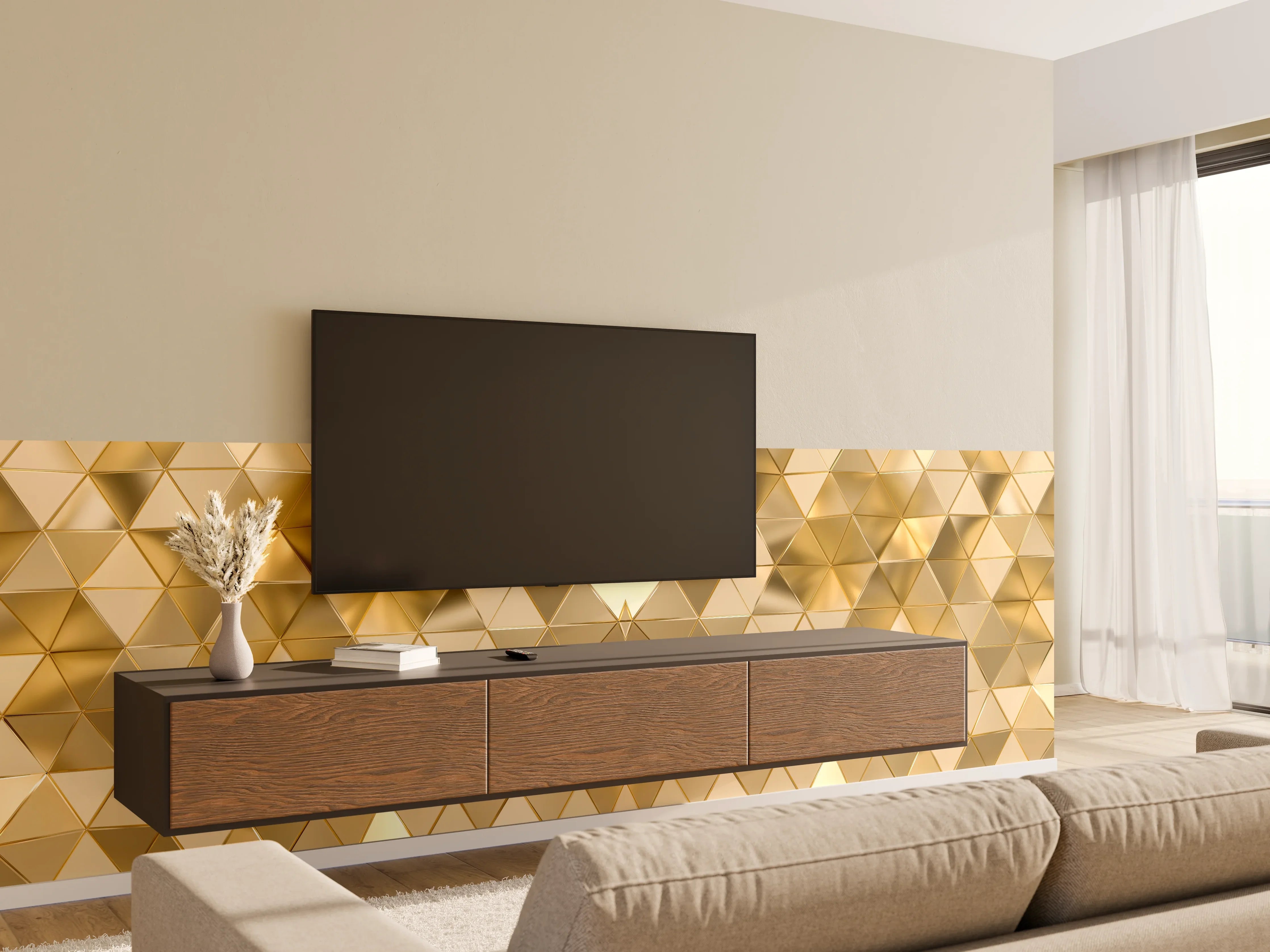Wandverkleidung Wohnzimmer - Goldenes Geometrie-Muster