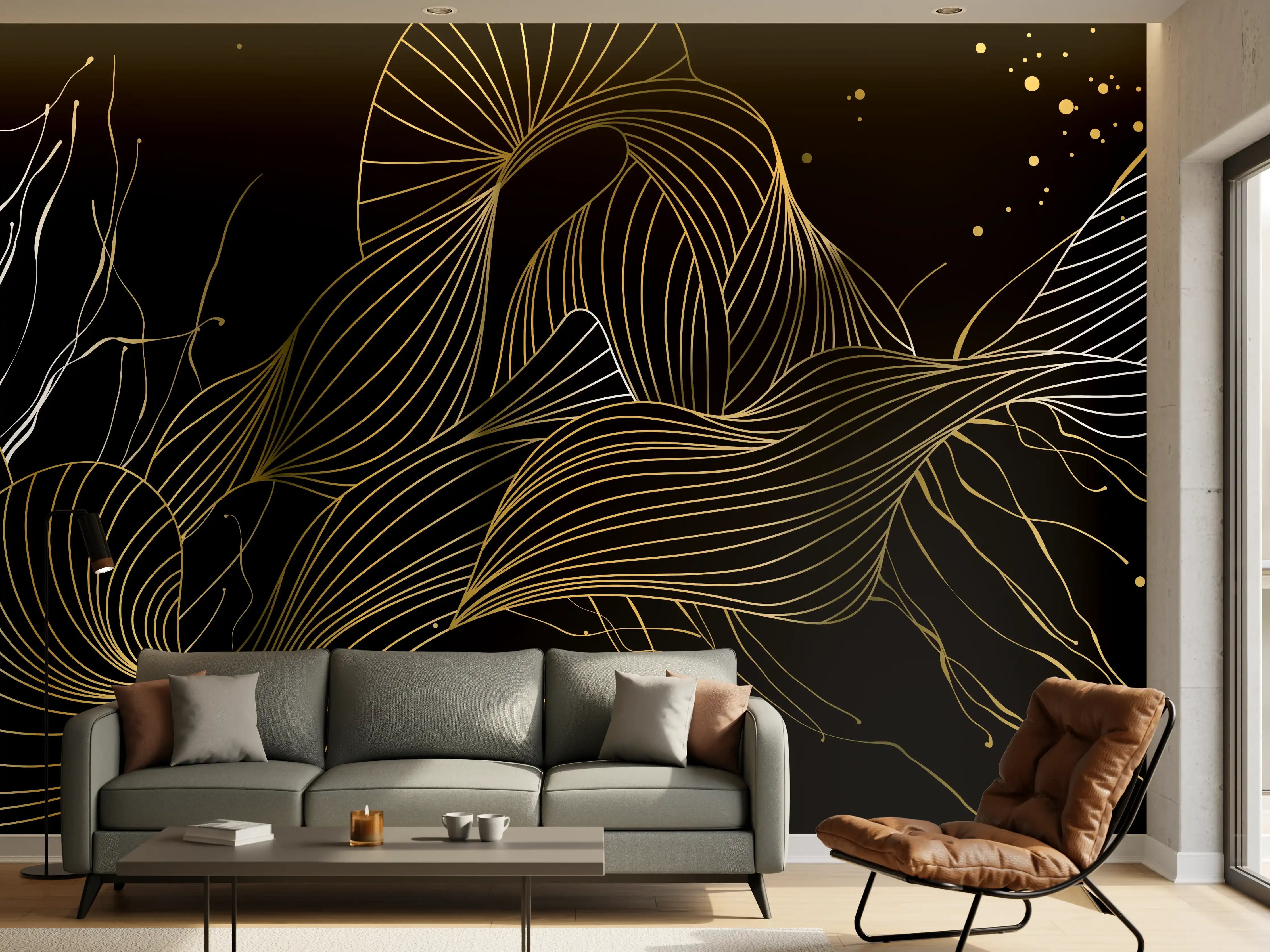 Wandverkleidung Wohnzimmer - Goldenes Linienmuster auf Schwarz
