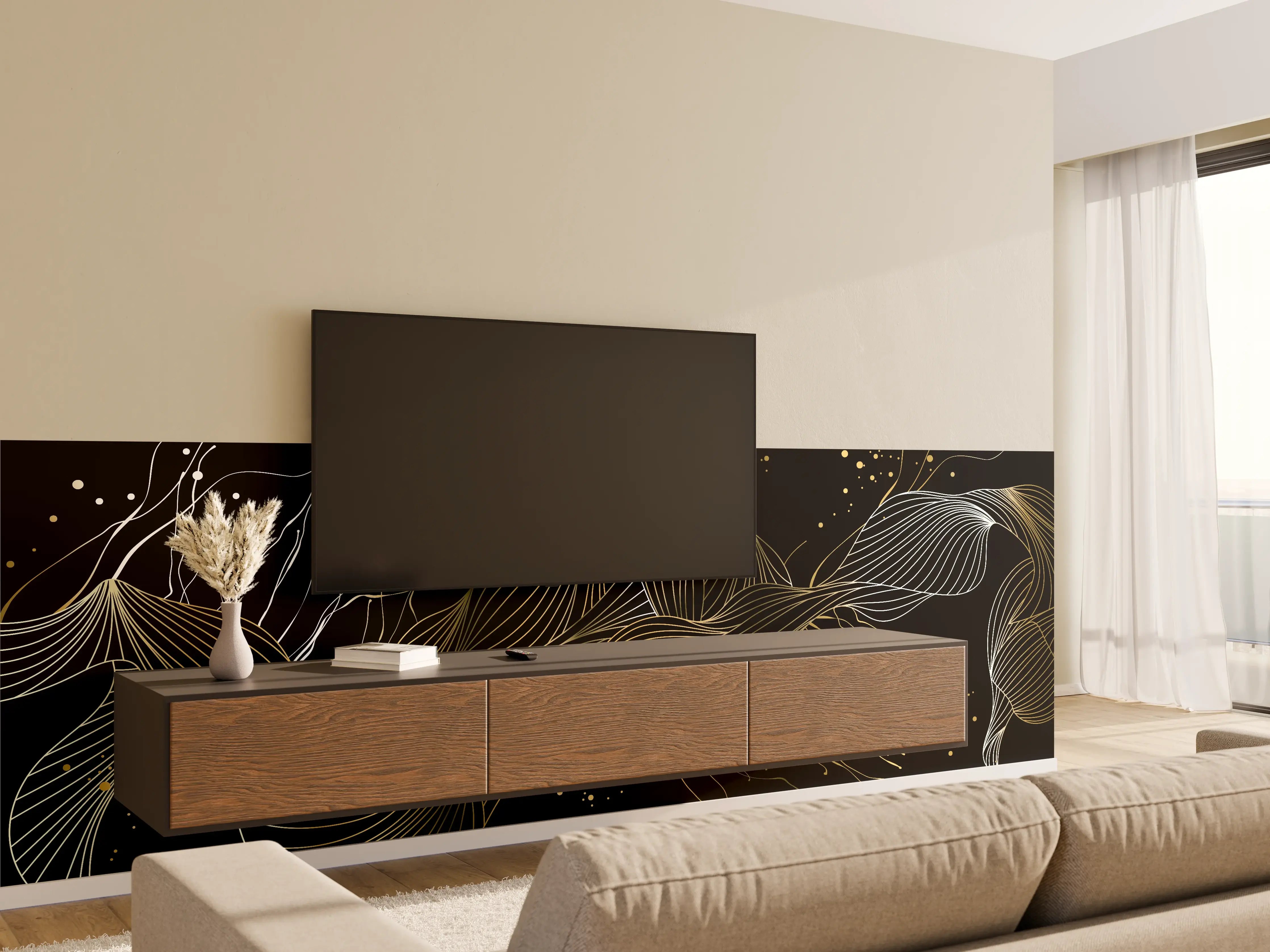 Wandverkleidung Wohnzimmer - Goldenes Linienmuster auf Schwarz