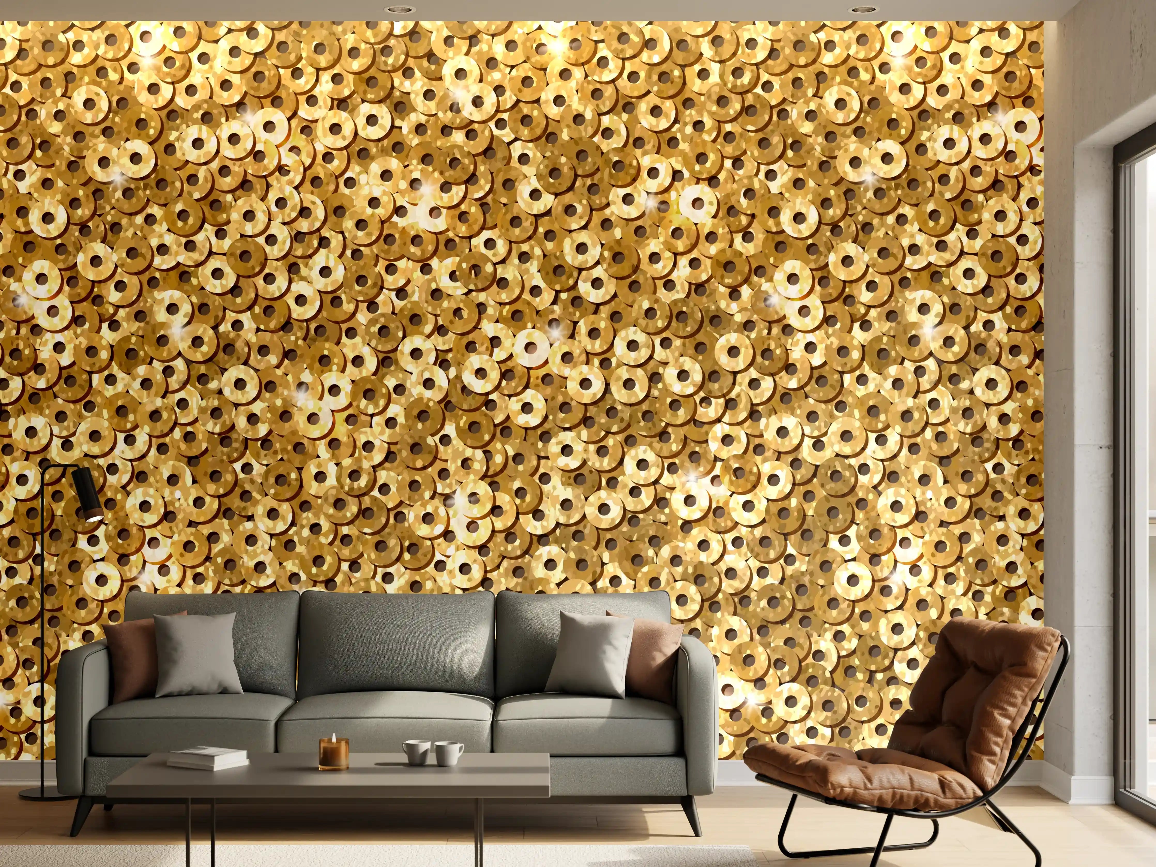 Wandverkleidung Wohnzimmer - Goldenes Pailletten-Muster