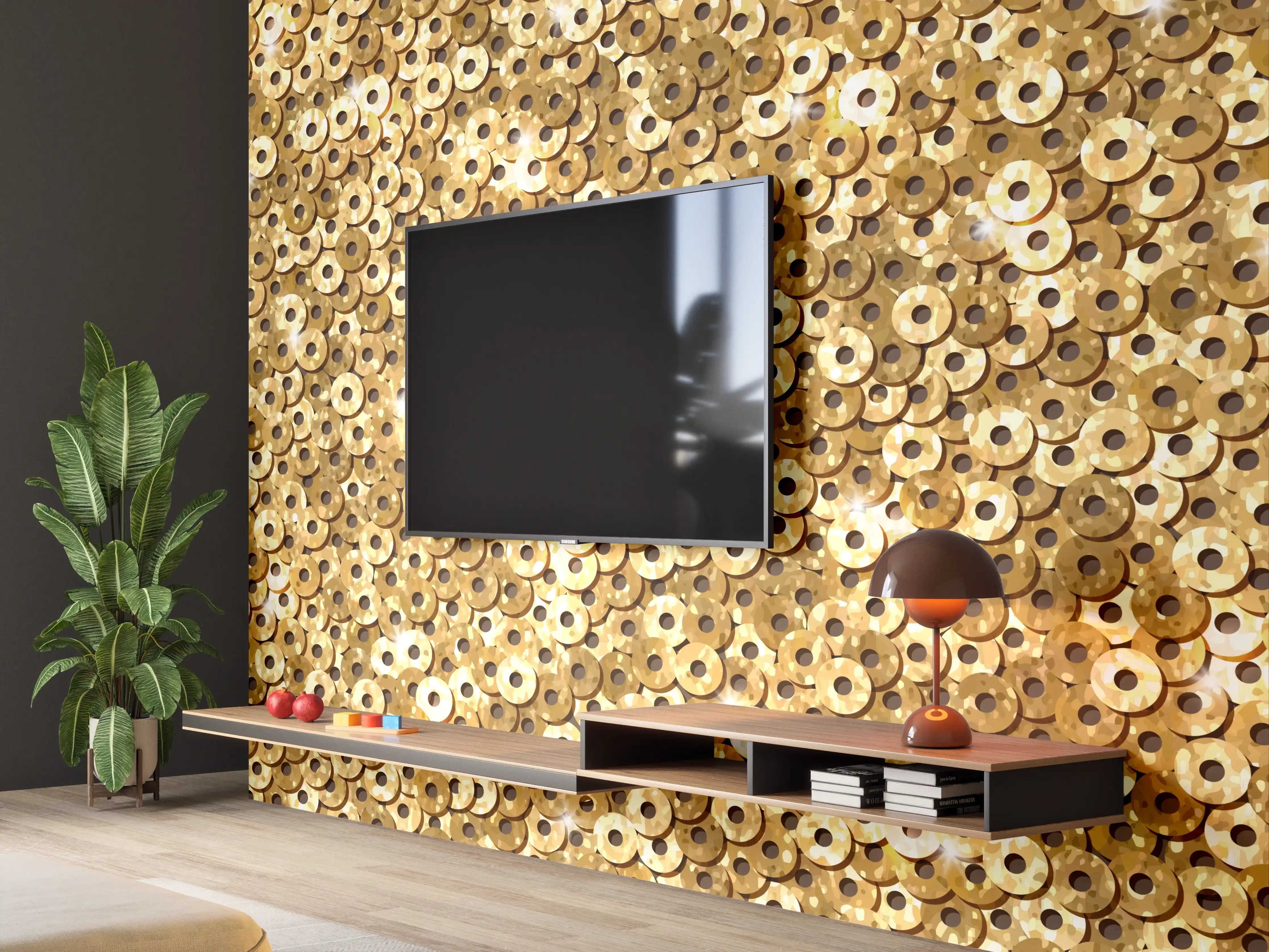 Wandverkleidung Wohnzimmer - Goldenes Pailletten-Muster