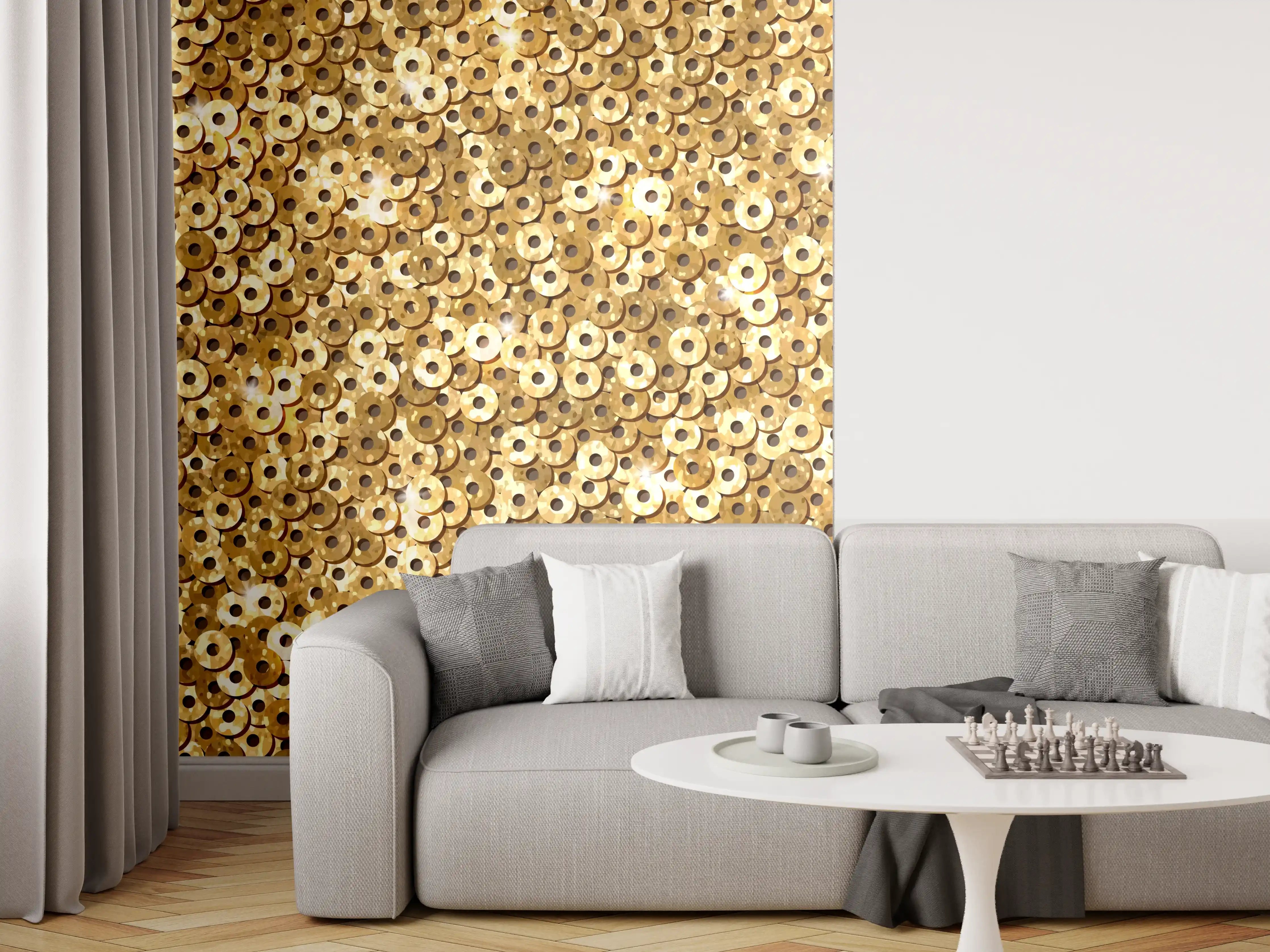 Wandverkleidung Wohnzimmer - Goldenes Pailletten-Muster