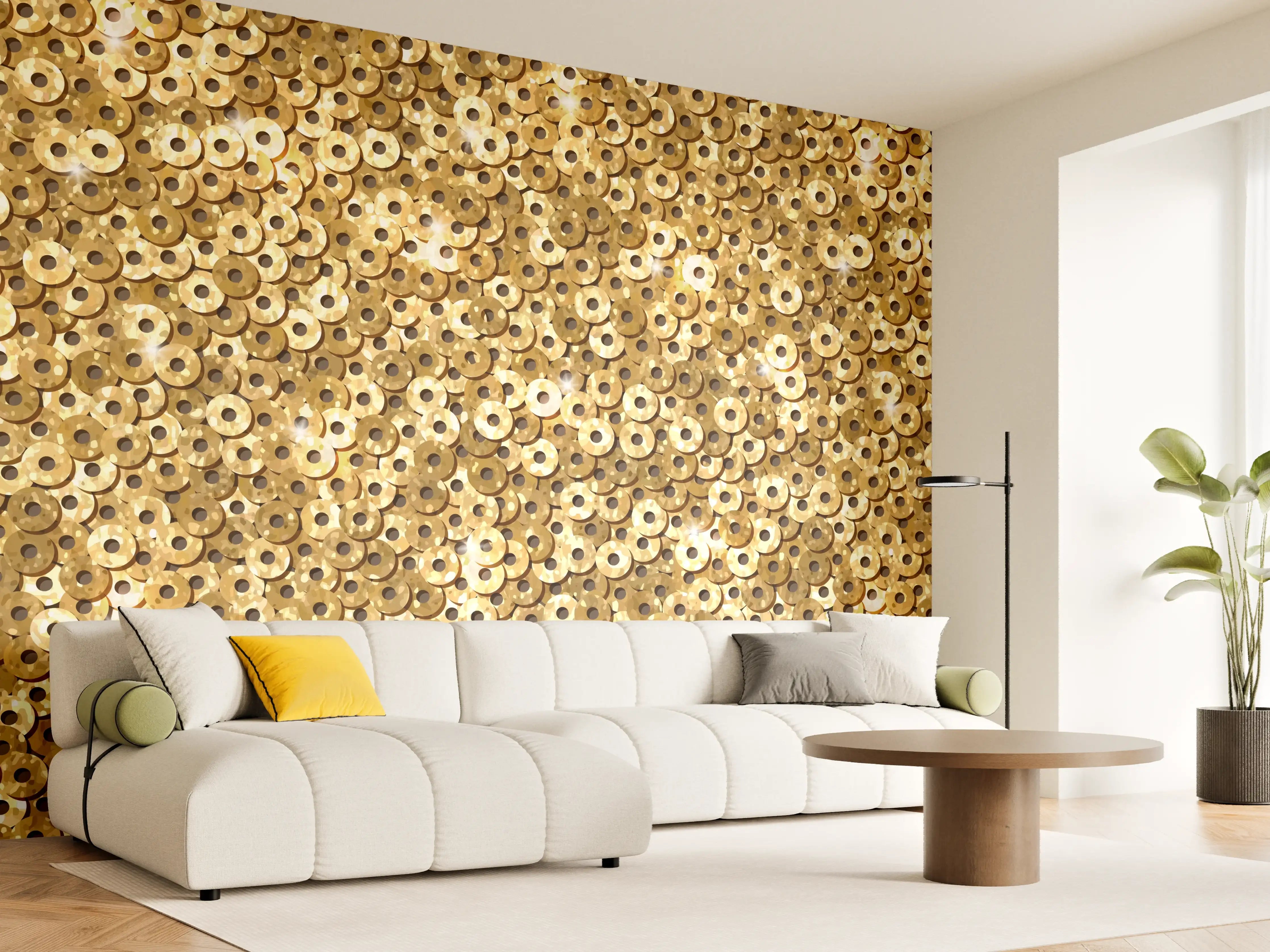 Wandverkleidung Wohnzimmer - Goldenes Pailletten-Muster