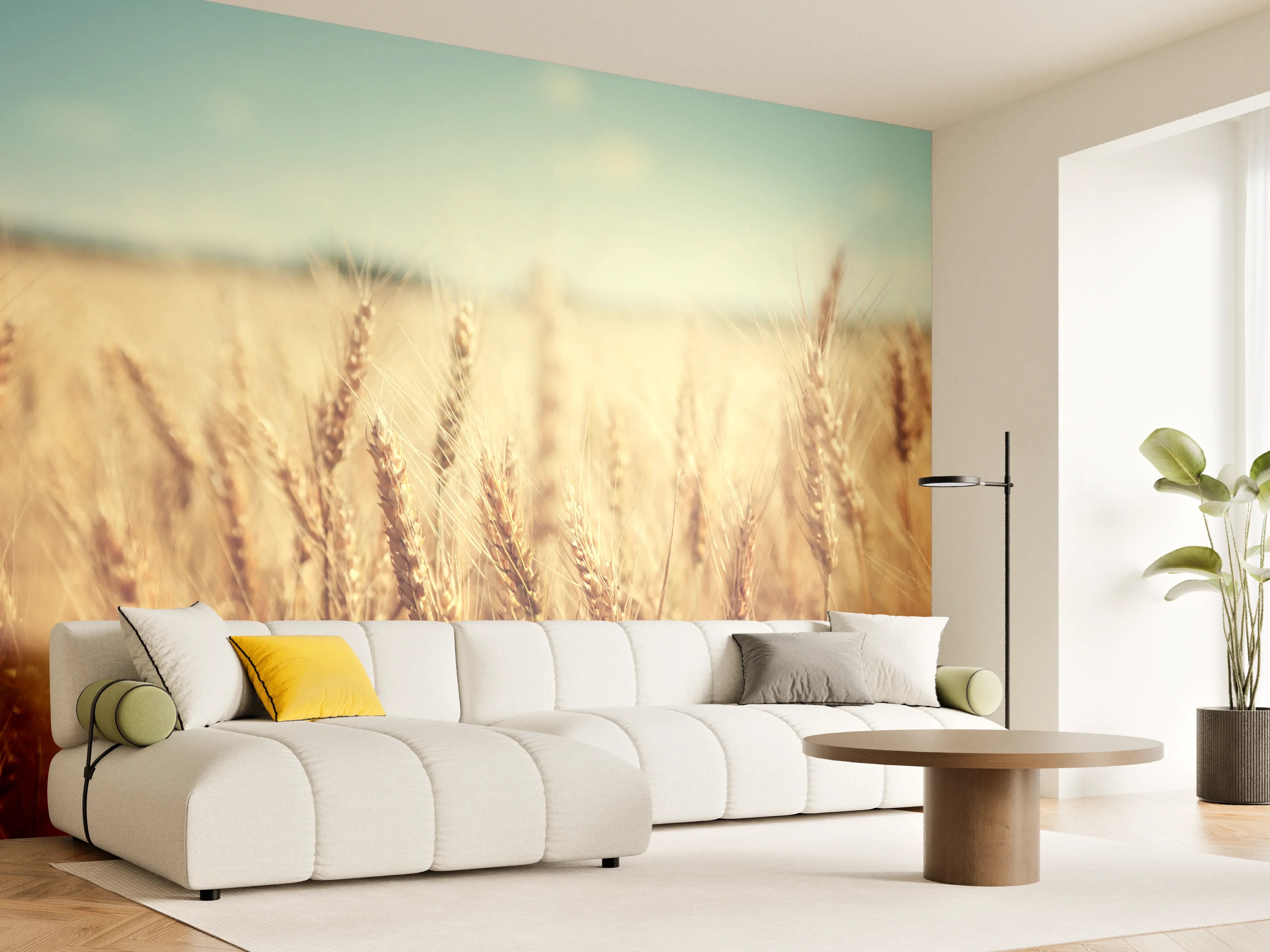 Wandverkleidung Wohnzimmer - Goldenes Weizenfeld bei Sonnenaufgang