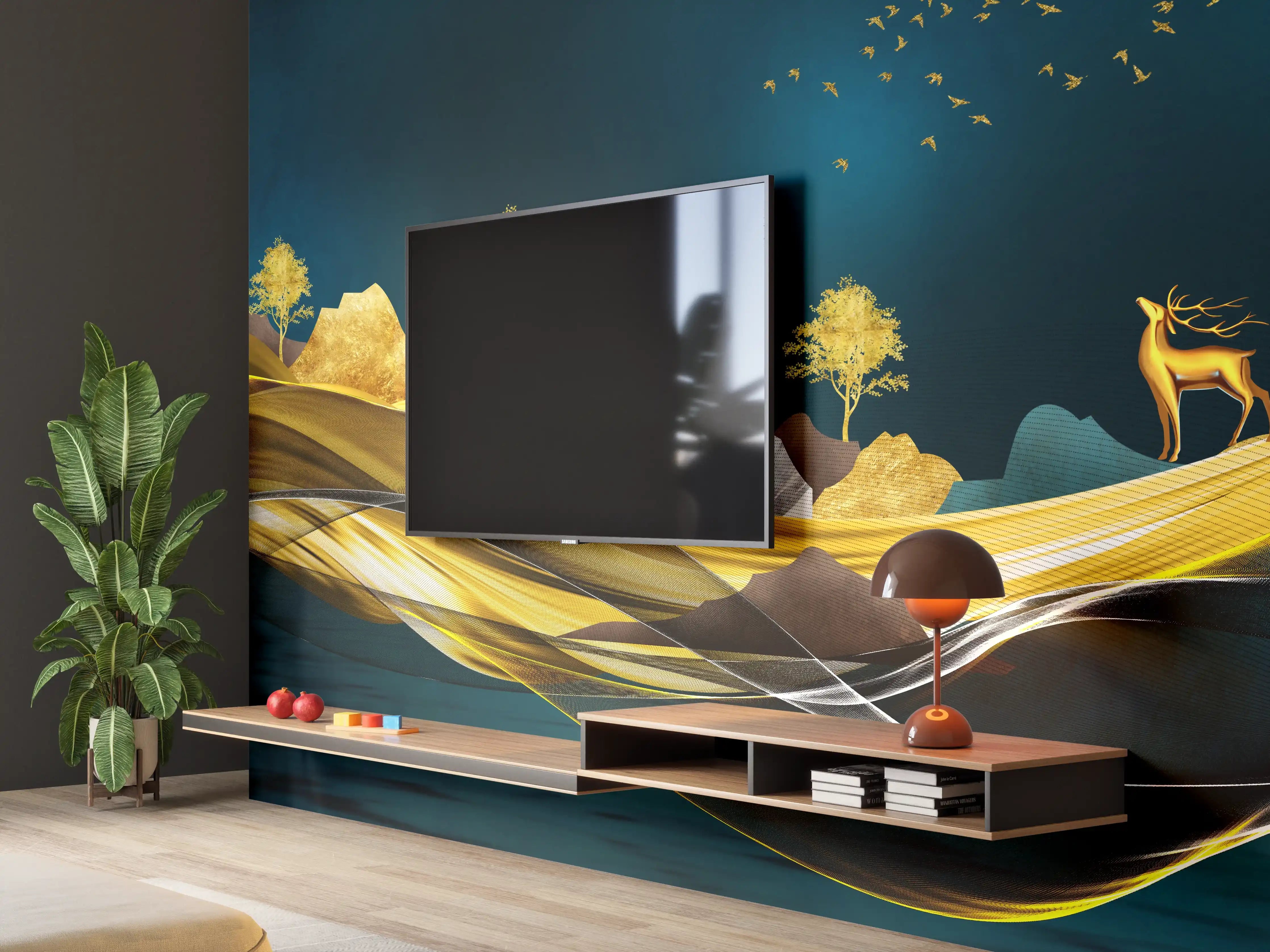 Wandverkleidung Wohnzimmer - Goldenes Wellendesign - 3D