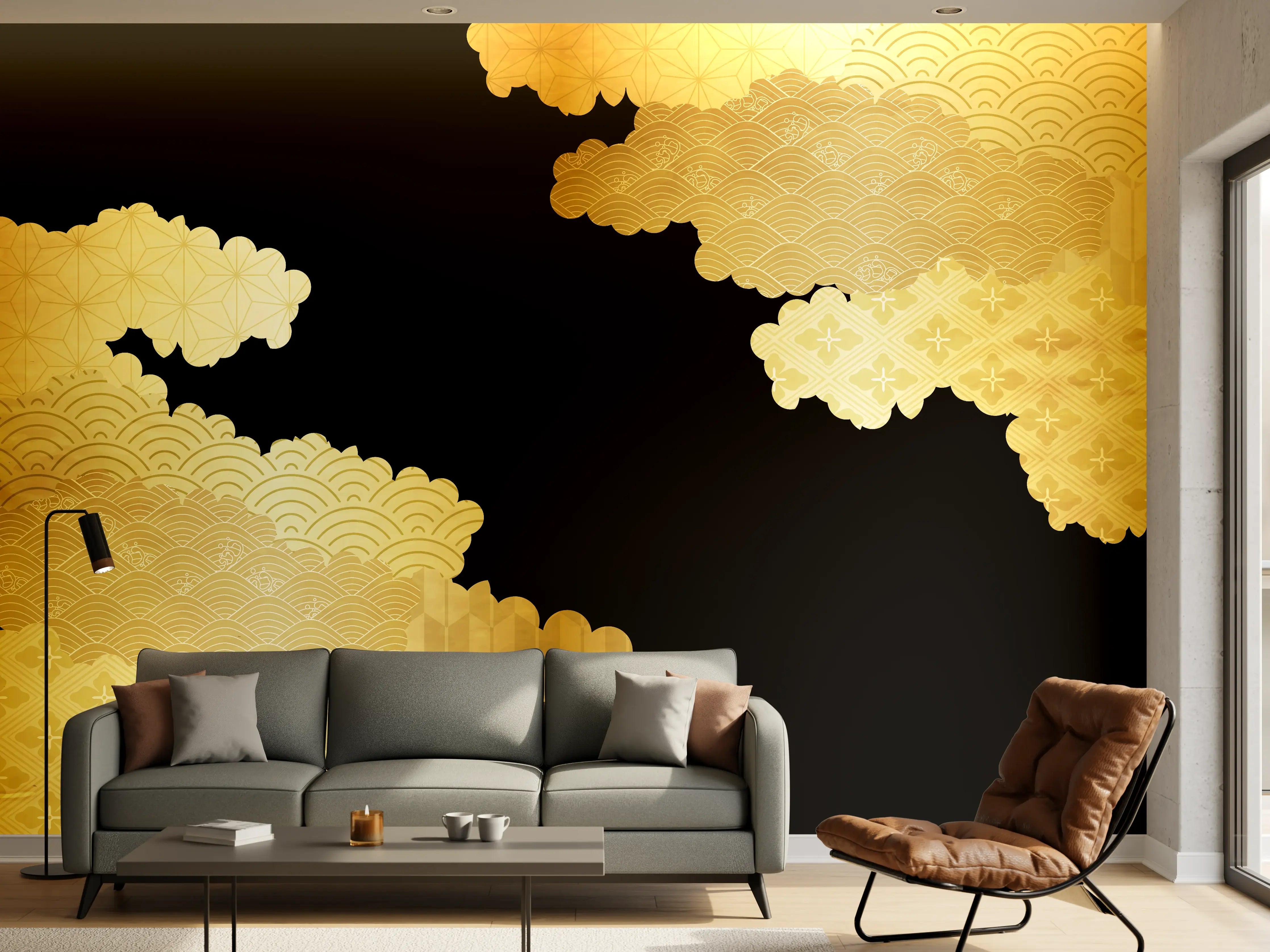 Wandverkleidung Wohnzimmer - Goldenes Wolkendesign Muster