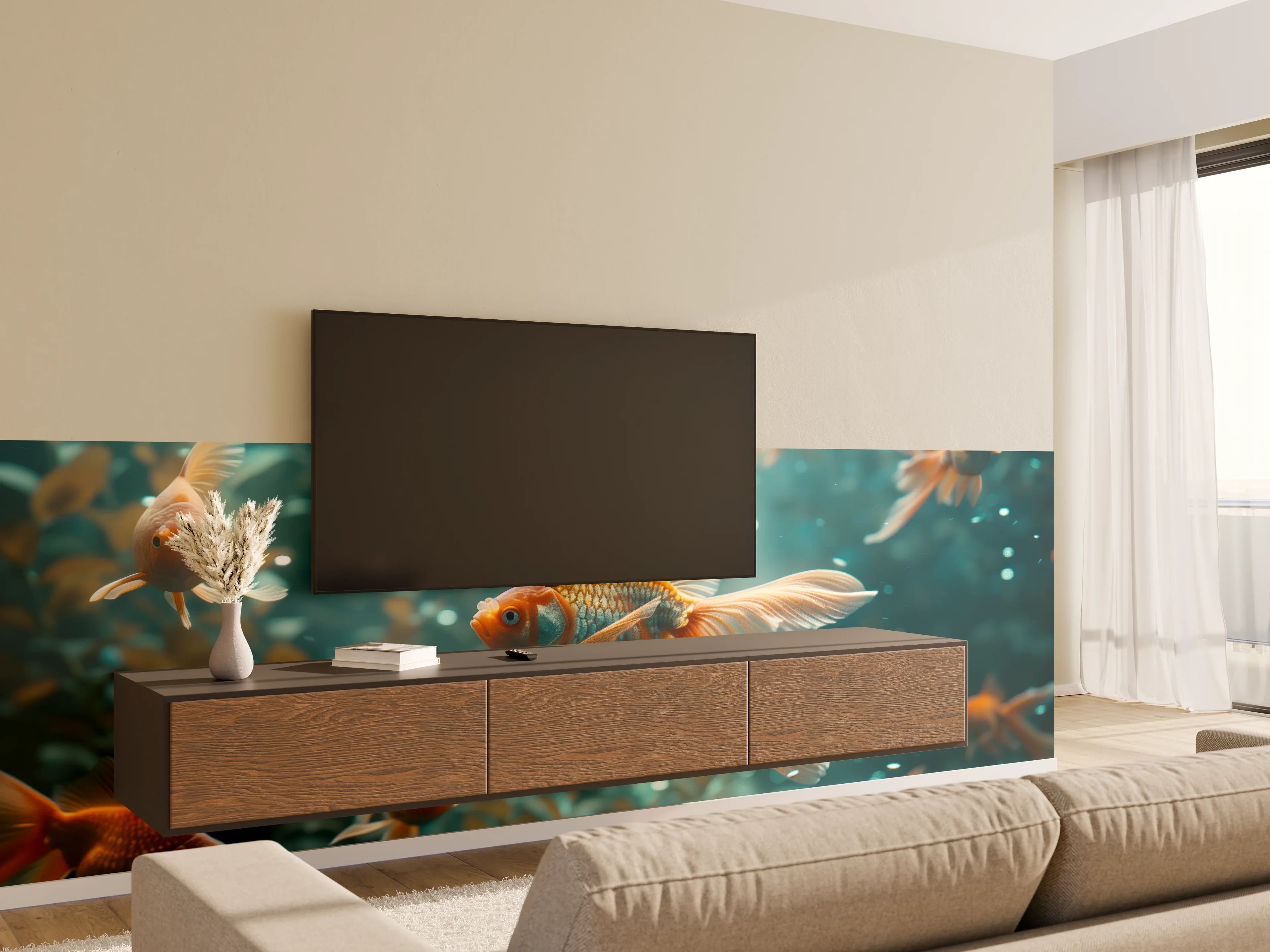 Wandverkleidung Wohnzimmer - Goldfische Türkis-Orange