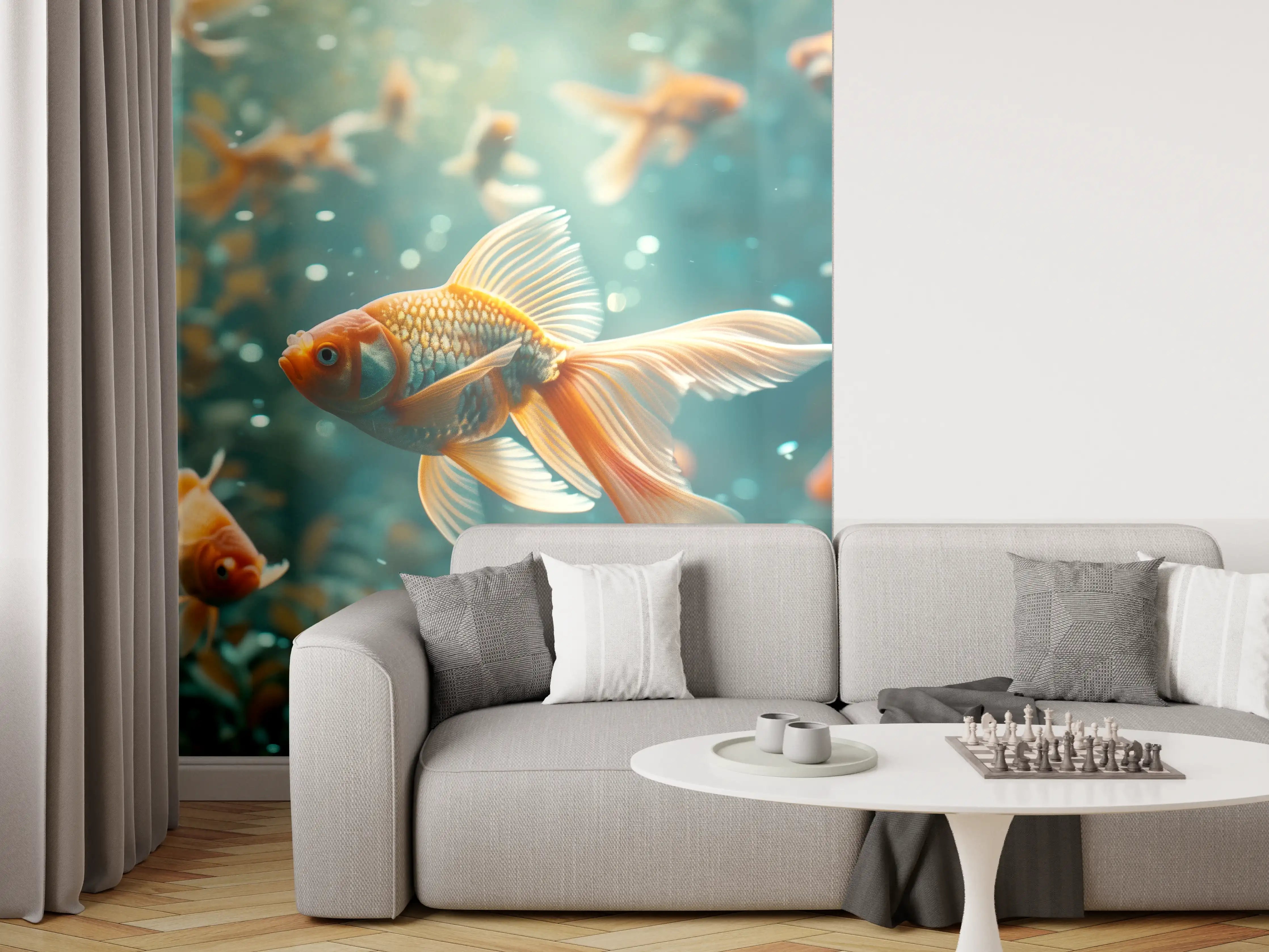 Wandverkleidung Wohnzimmer - Goldfische Türkis-Orange