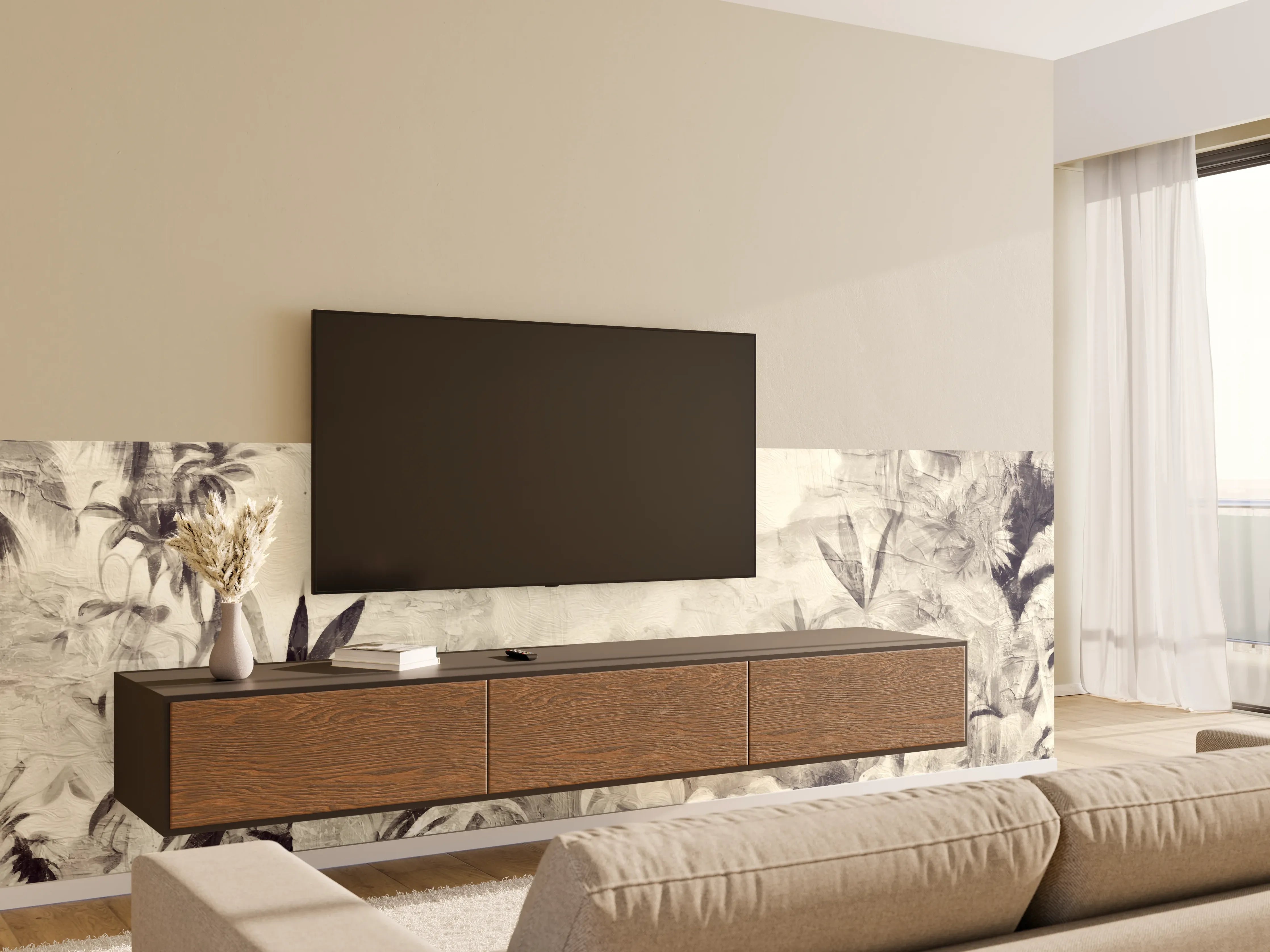 Wandverkleidung Wohnzimmer - Gräuliche Landschaft - Floral
