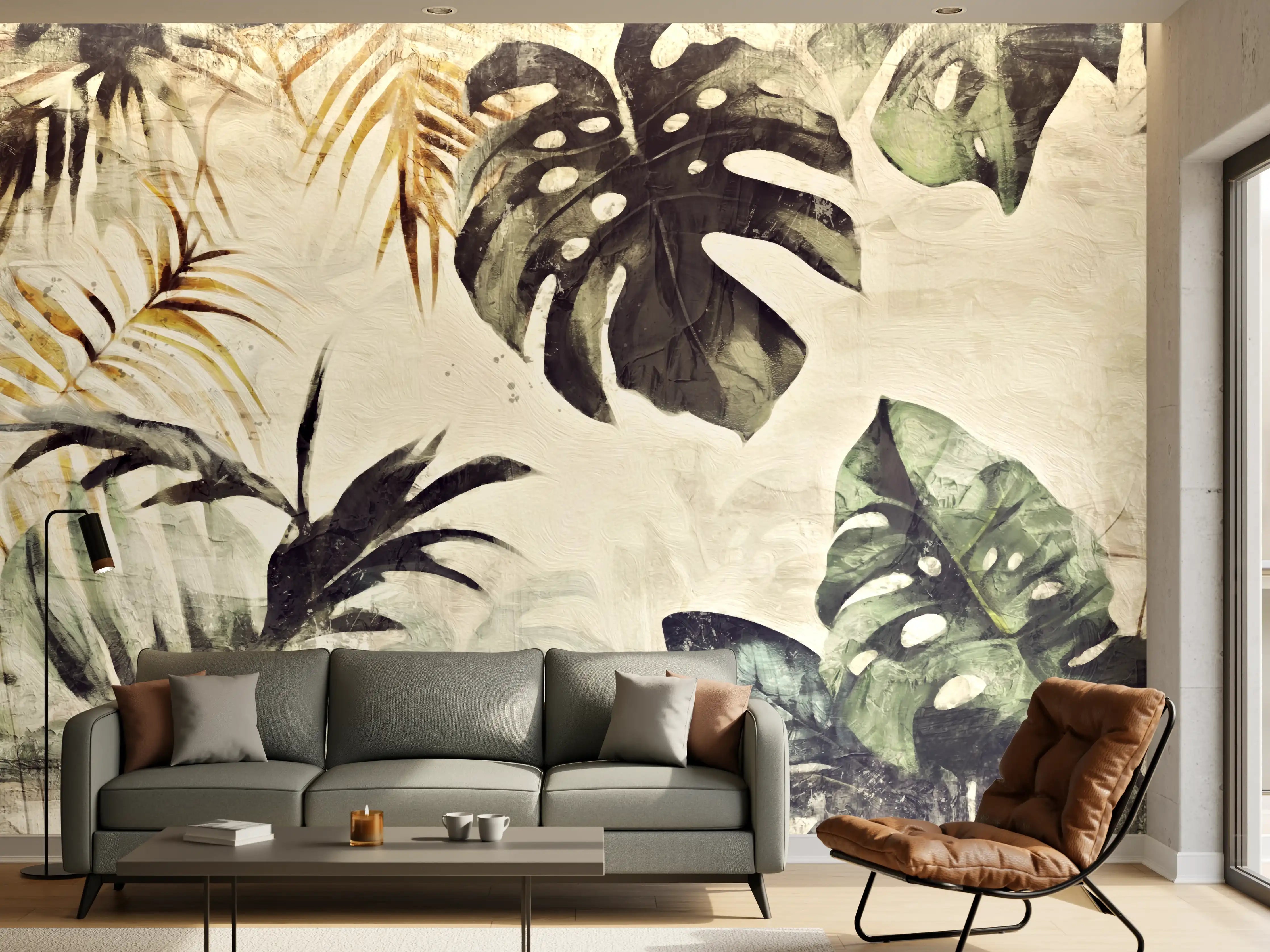 Wandverkleidung Wohnzimmer - Gräuliche Pflanzen - Floral