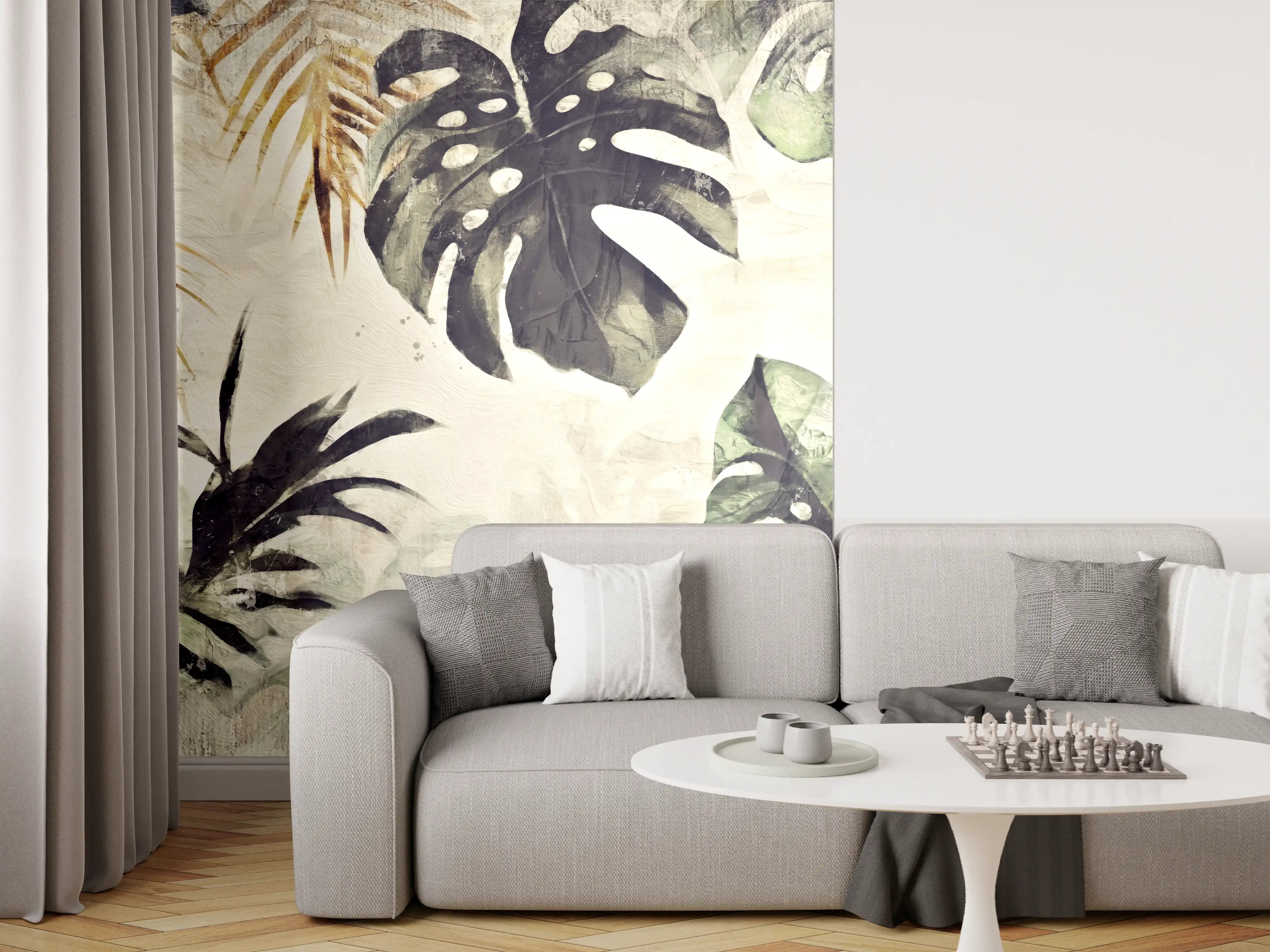 Wandverkleidung Wohnzimmer - Gräuliche Pflanzen - Floral