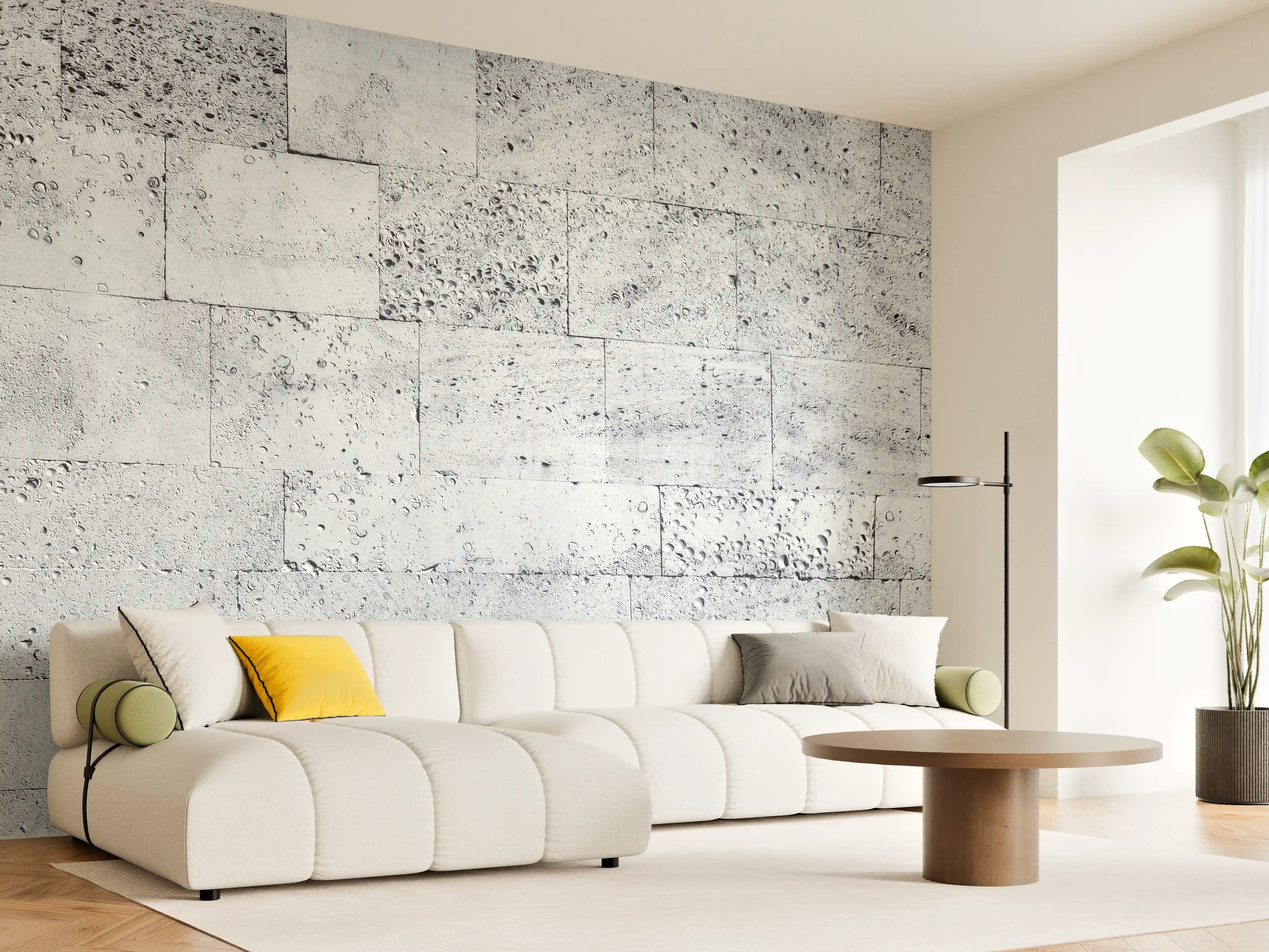Wandverkleidung Wohnzimmer - Gräuliche Tuffstein-Blockwand