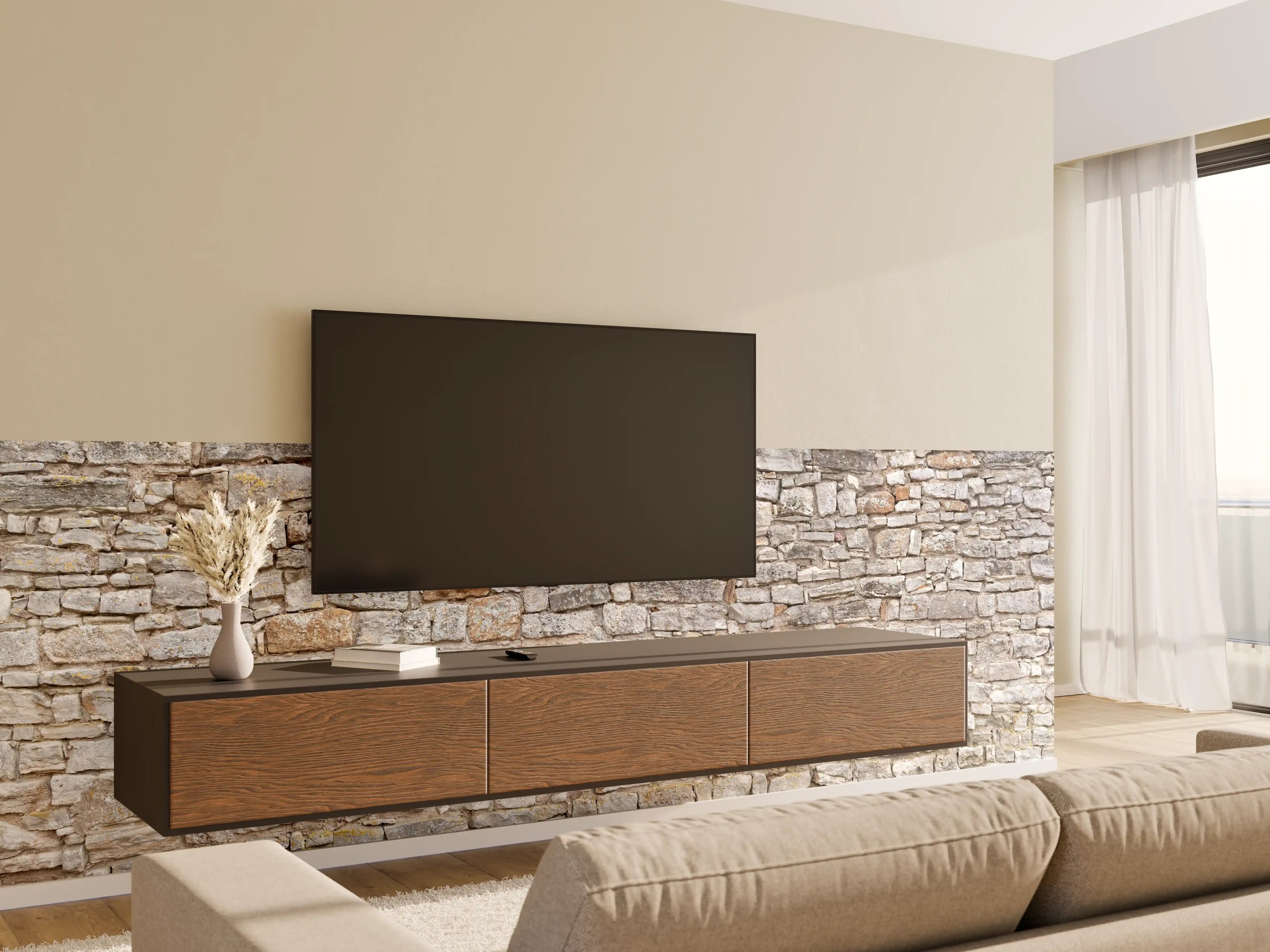 Wandverkleidung Wohnzimmer - Gräuliche alte Mauer aus groben Steinen