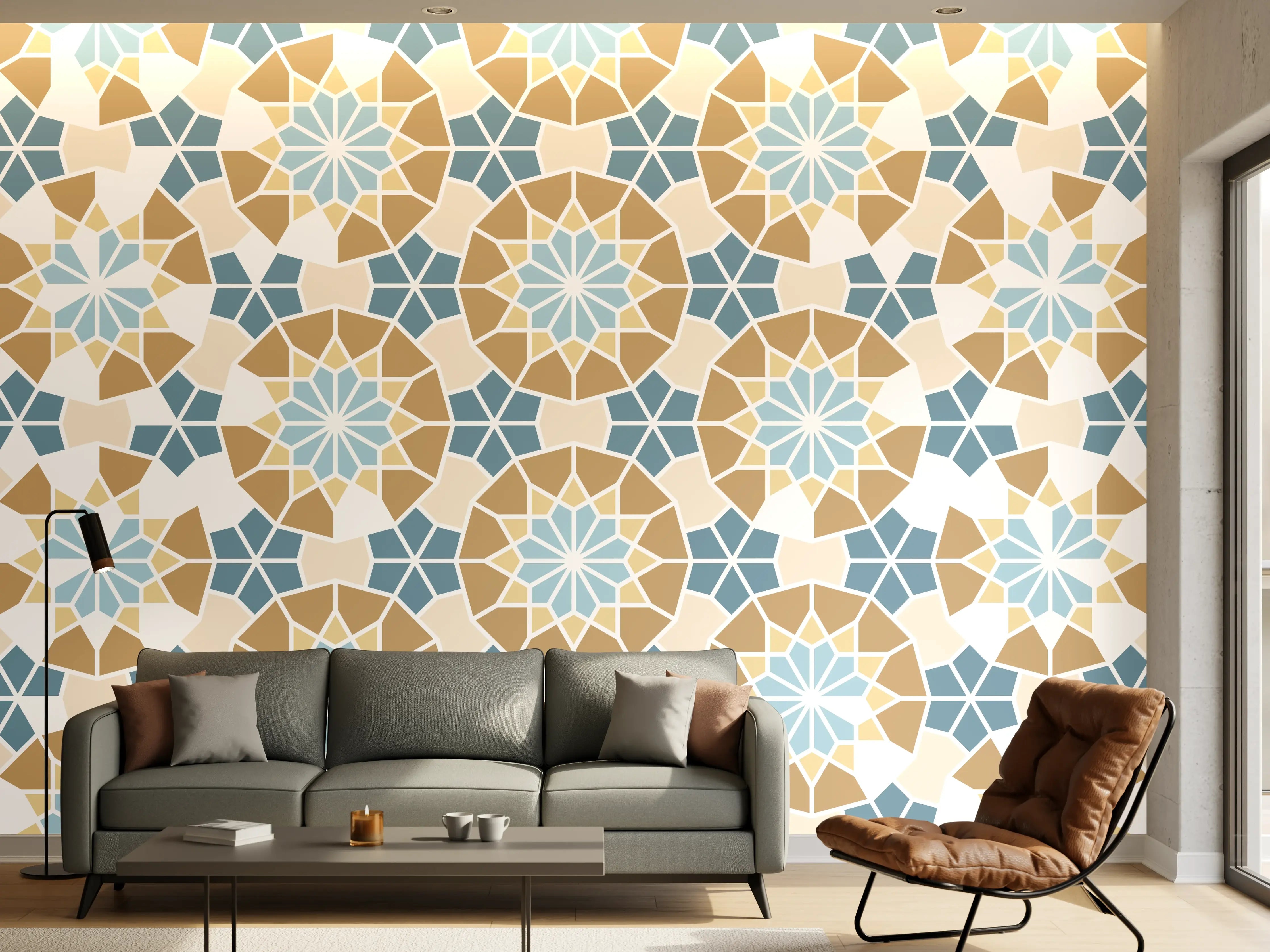 Wandverkleidung Wohnzimmer - Grafisches Blau Beige Muster