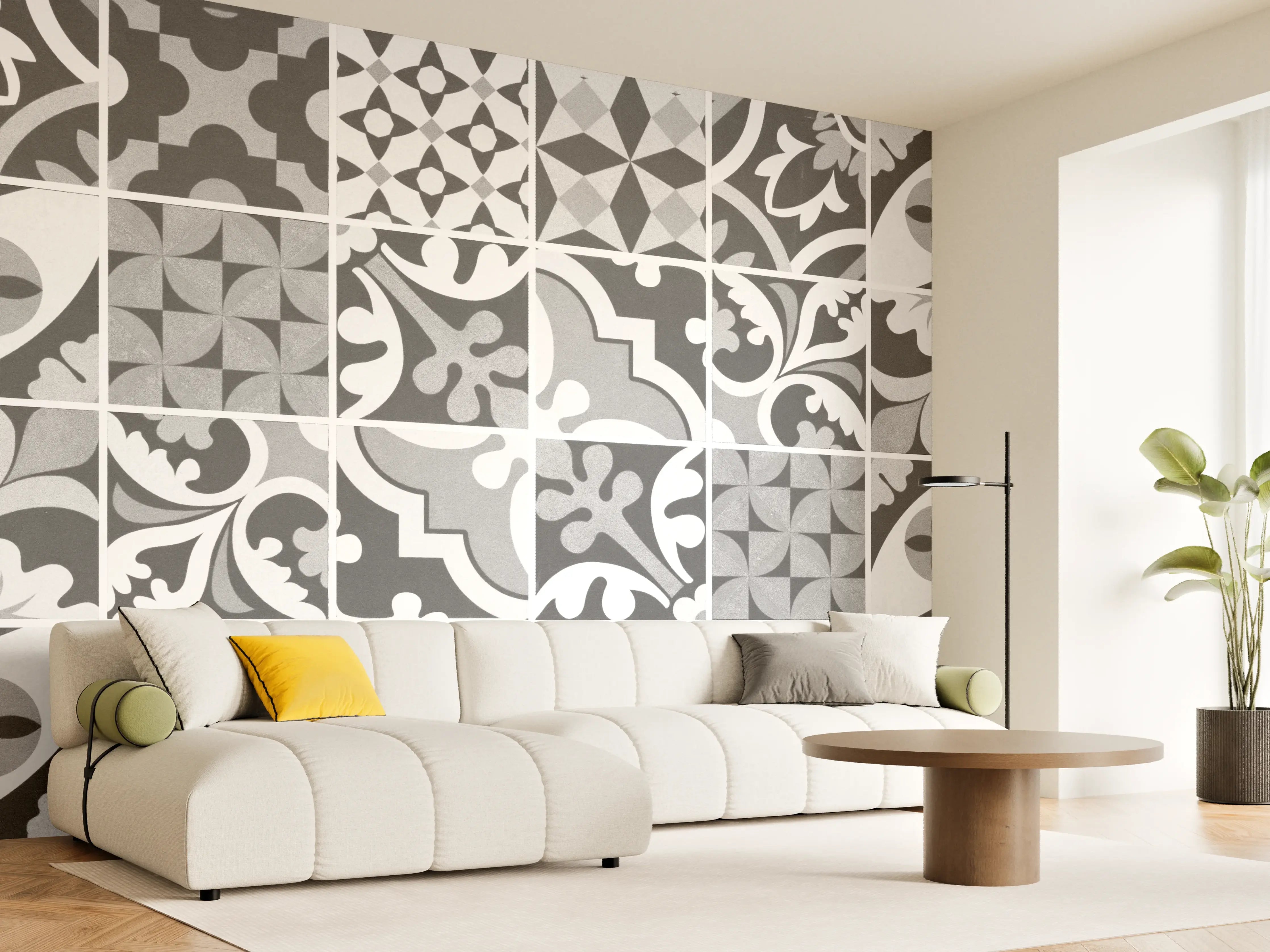 Wandverkleidung Wohnzimmer - Grau-Weiß Vintage Mosaik