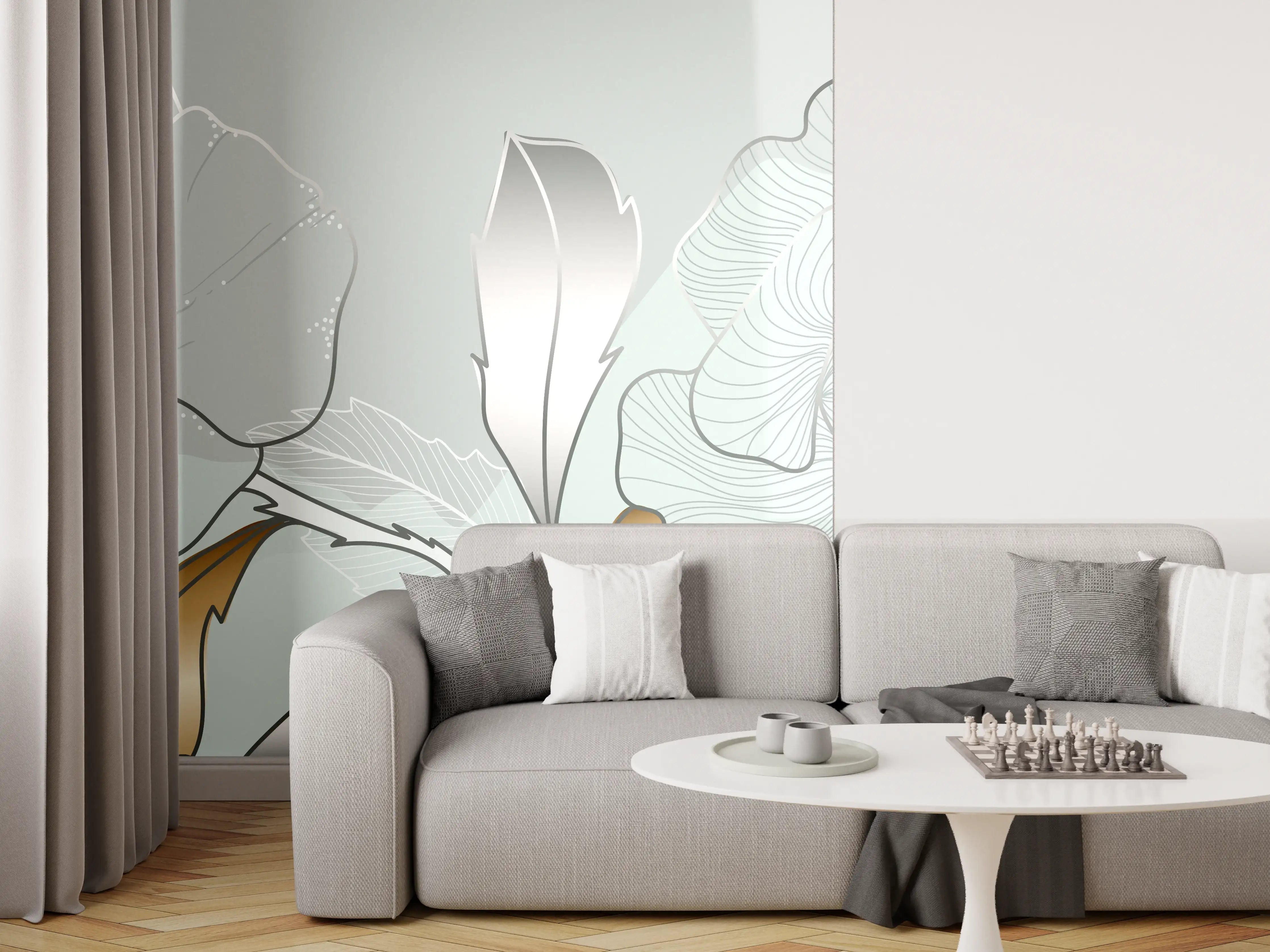 Wandverkleidung Wohnzimmer - Grau-Weiße Blumenillustration