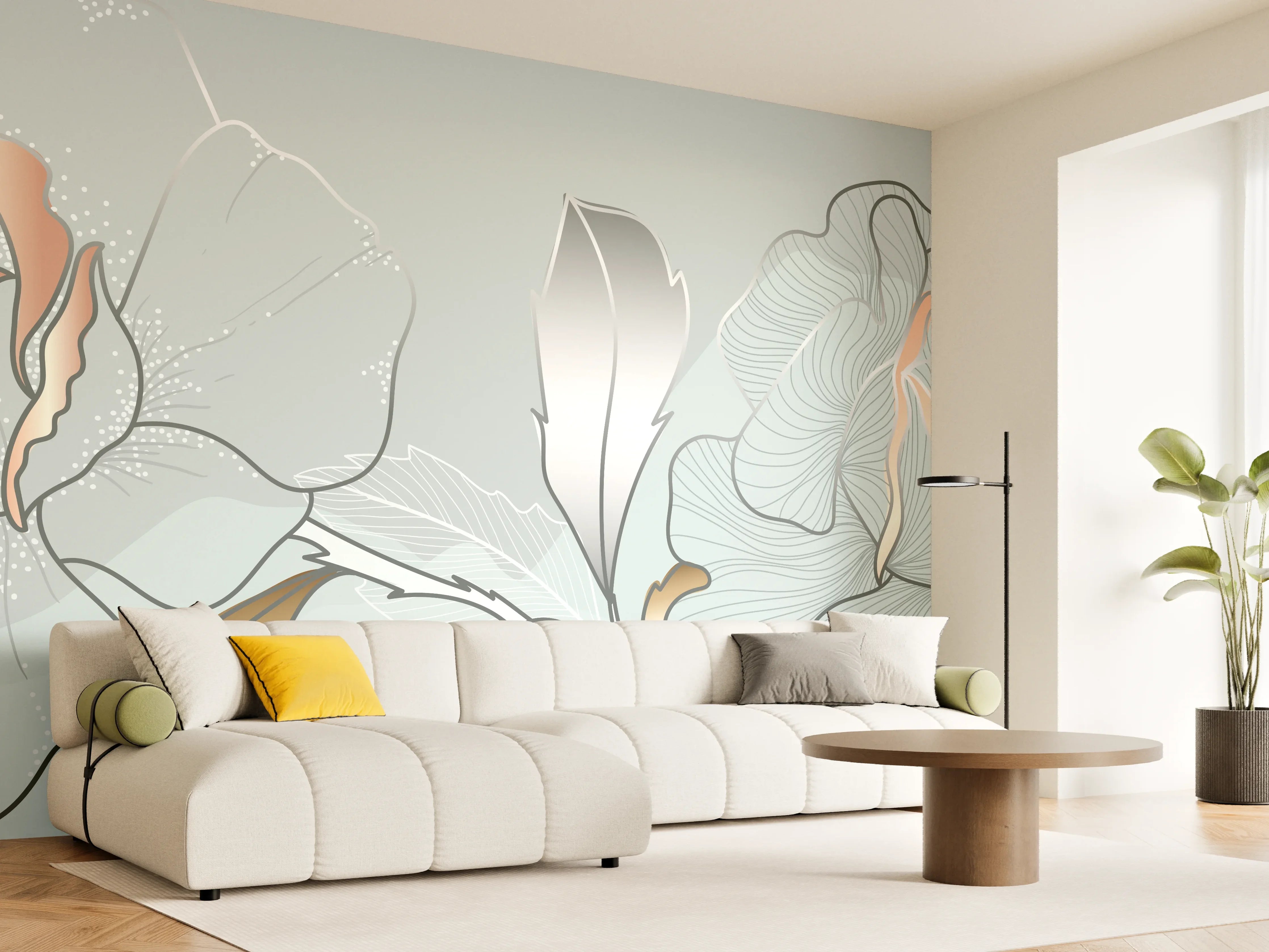 Wandverkleidung Wohnzimmer - Grau-Weiße Blumenillustration