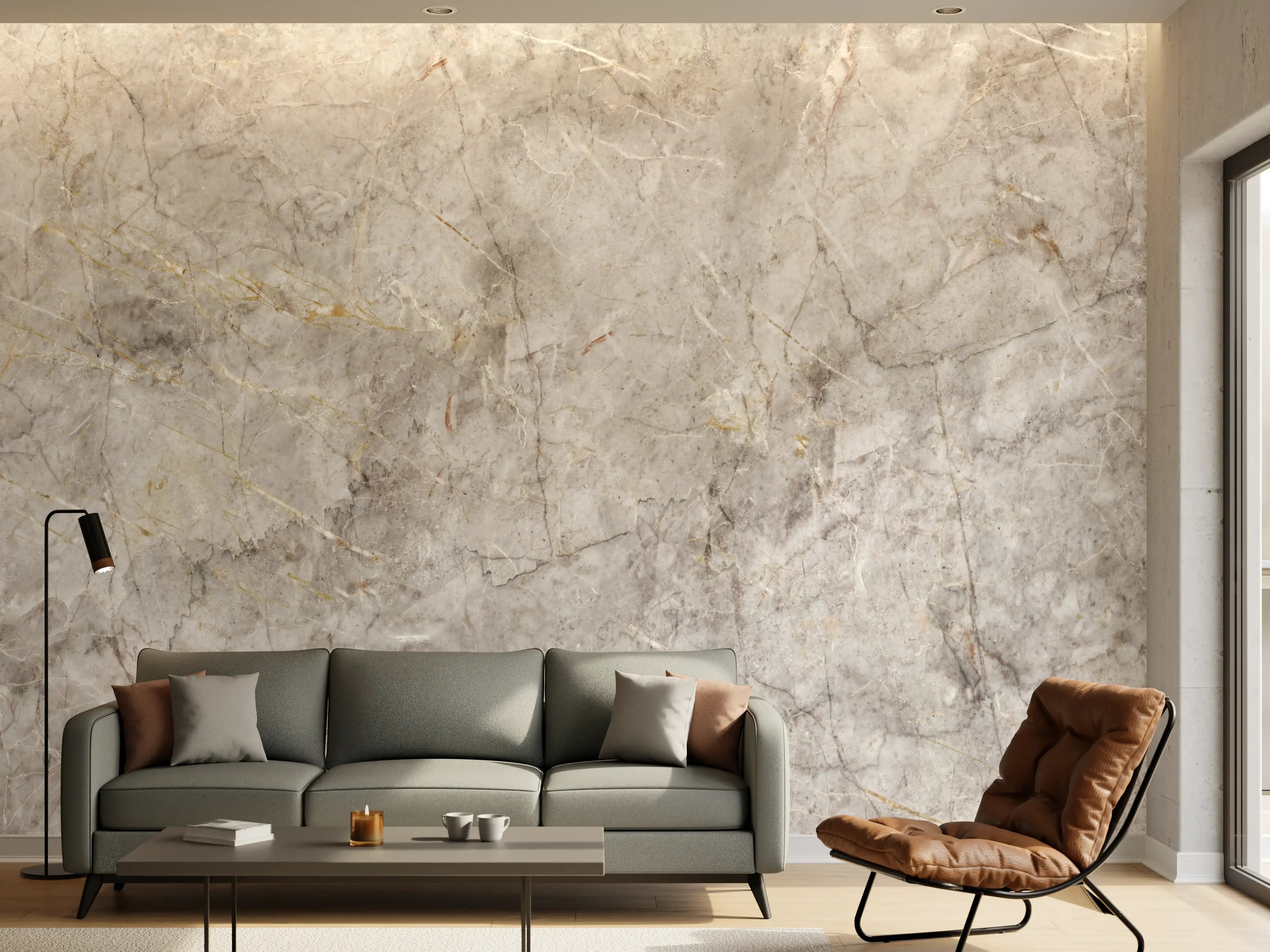 Wandverkleidung Wohnzimmer - Grau-Weißer Marmorstein Effekt