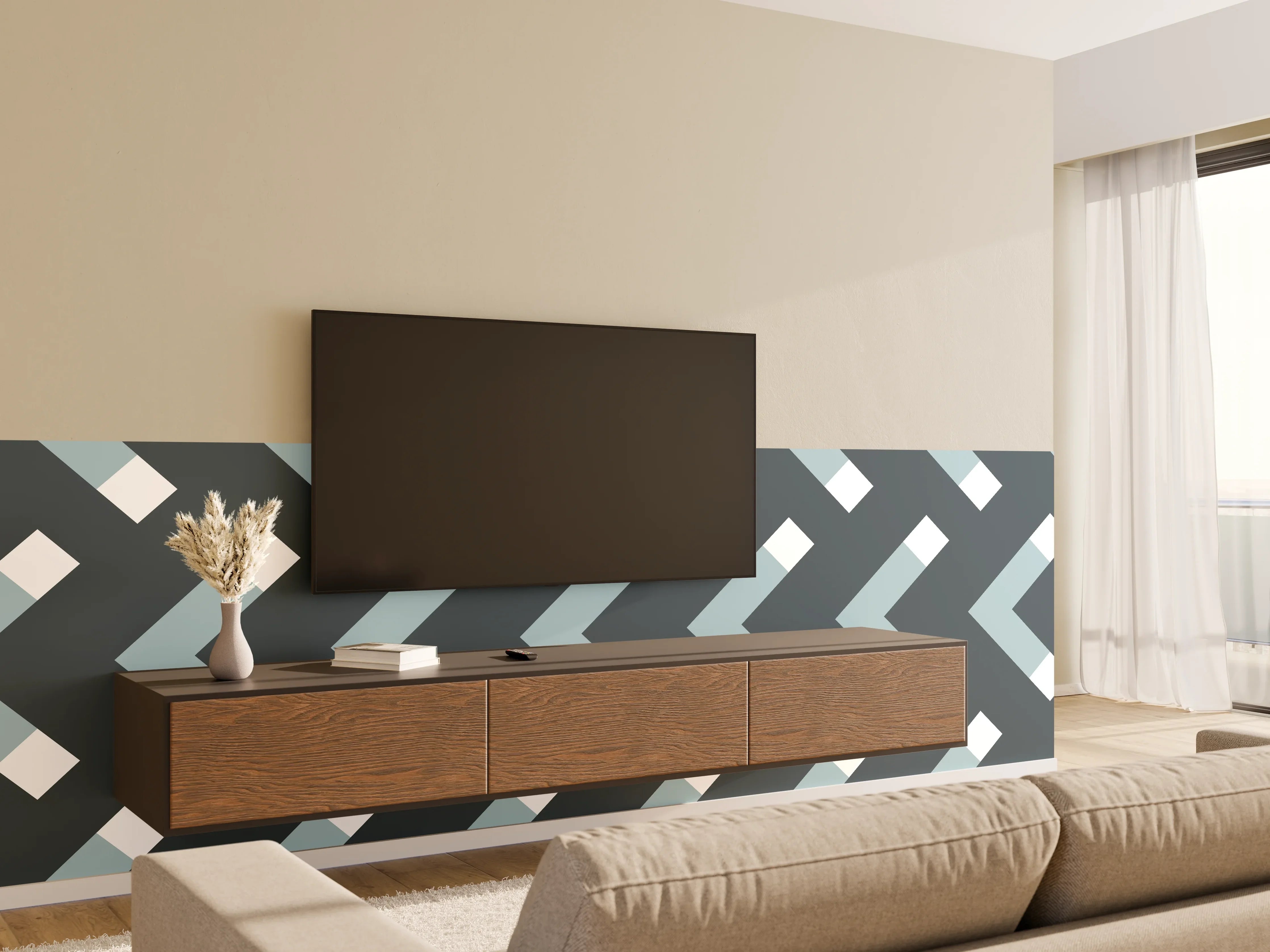 Wandverkleidung Wohnzimmer - Grau-Weißes Chevron Muster