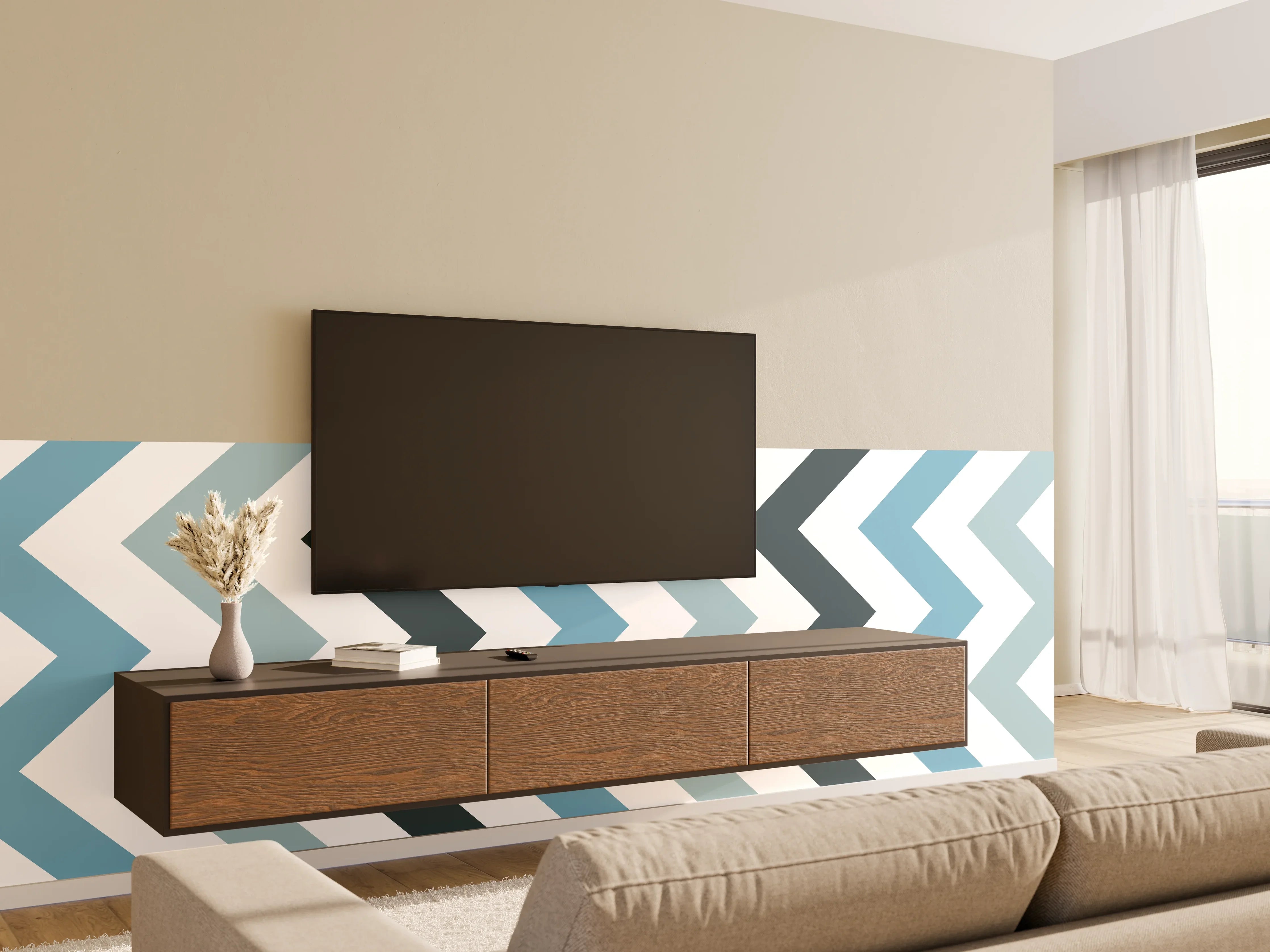 Wandverkleidung Wohnzimmer - Grau-Weißes Zick-Zack-Design