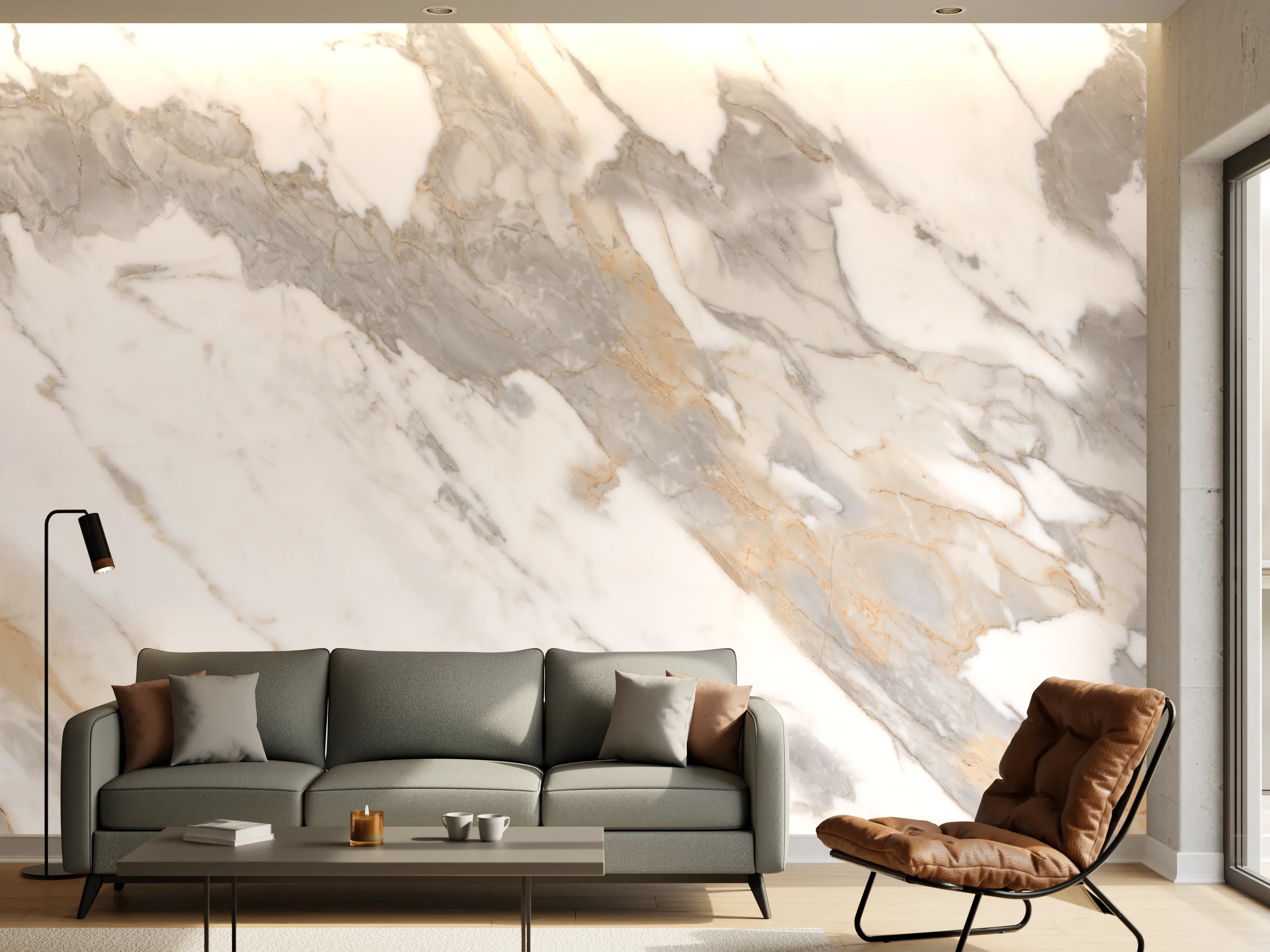 Wandverkleidung Wohnzimmer - Grau-beiger abstrakter Marmor