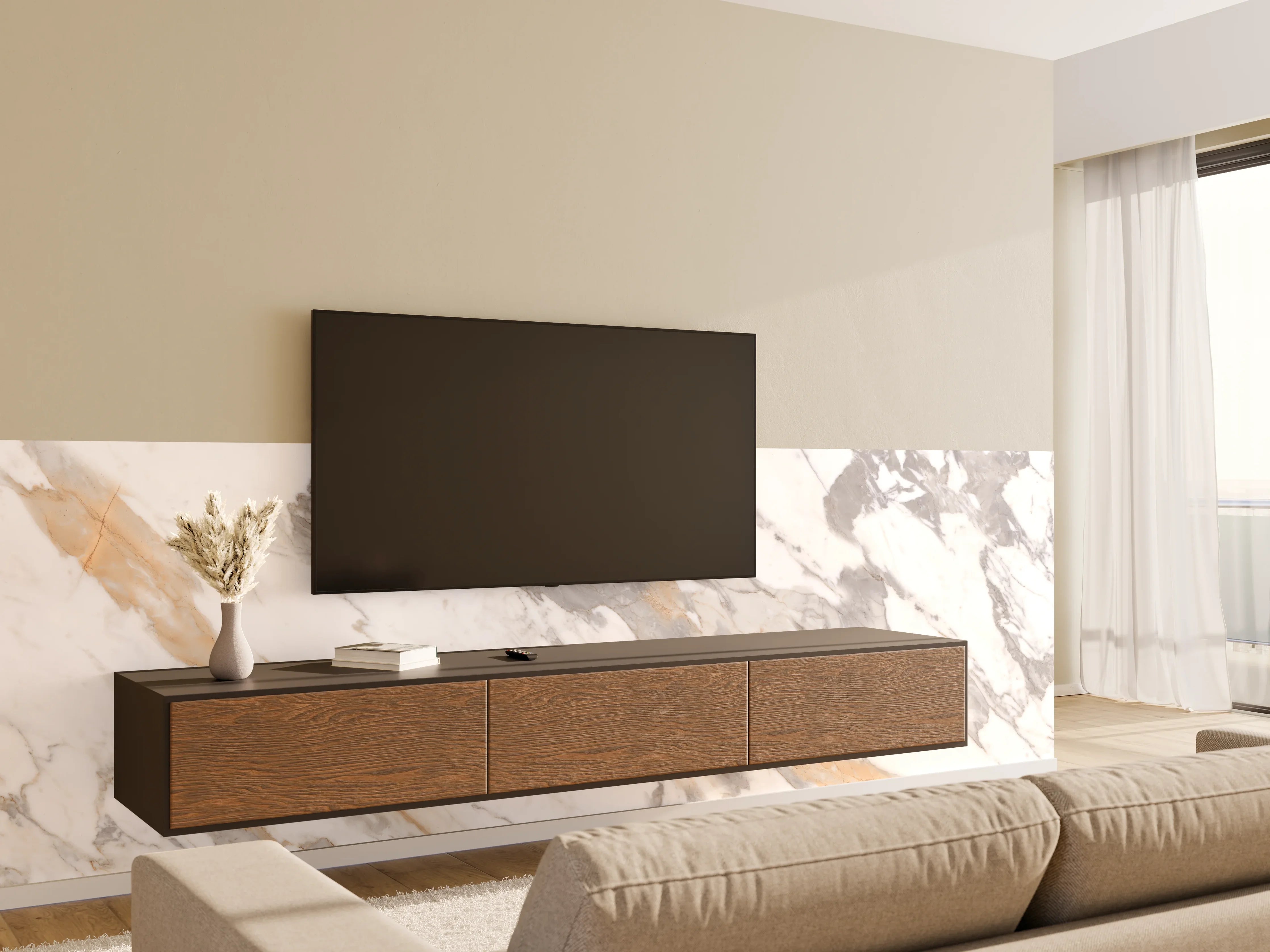 Wandverkleidung Wohnzimmer - Grau-beiger abstrakter Marmor