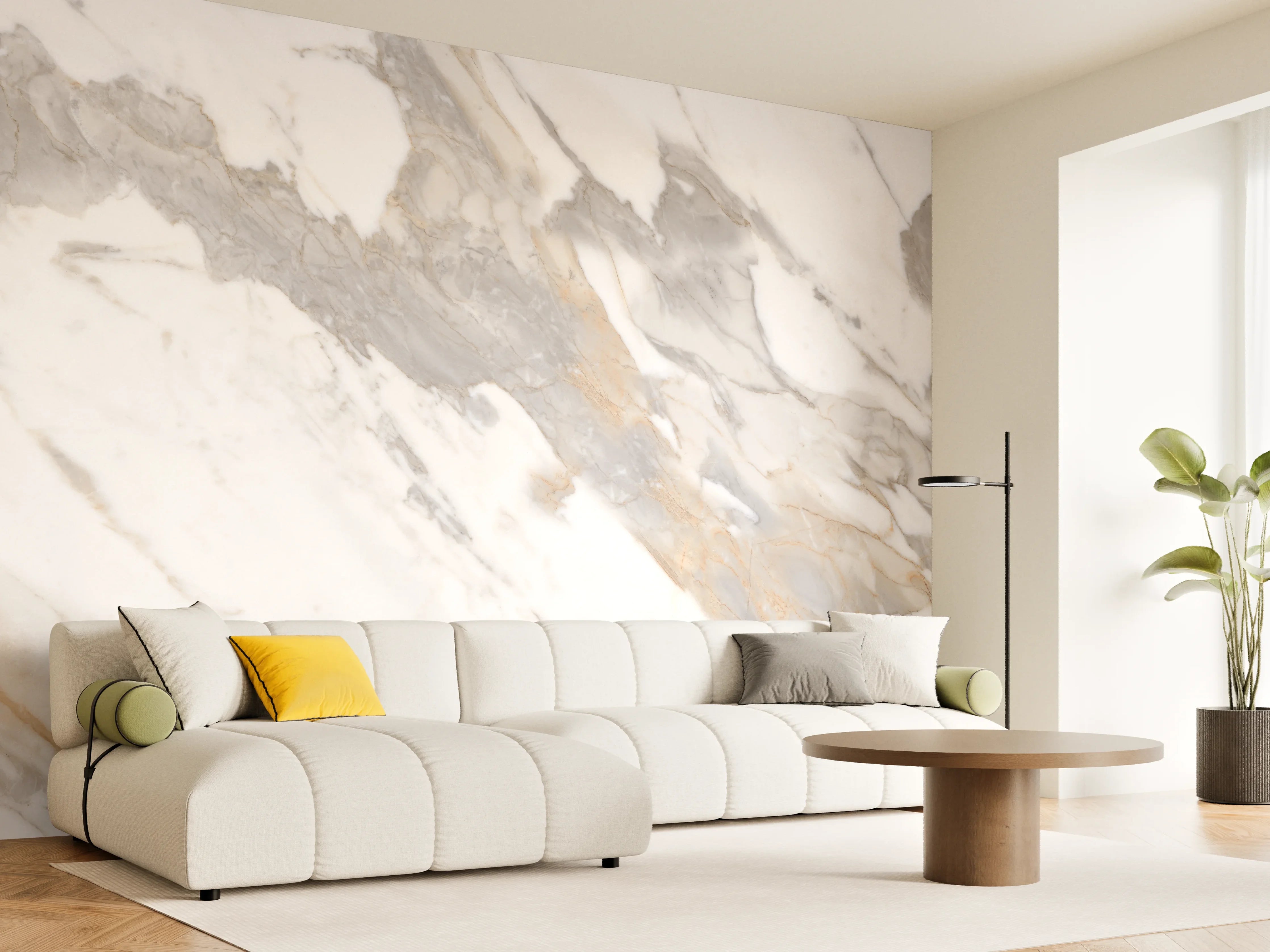 Wandverkleidung Wohnzimmer - Grau-beiger abstrakter Marmor