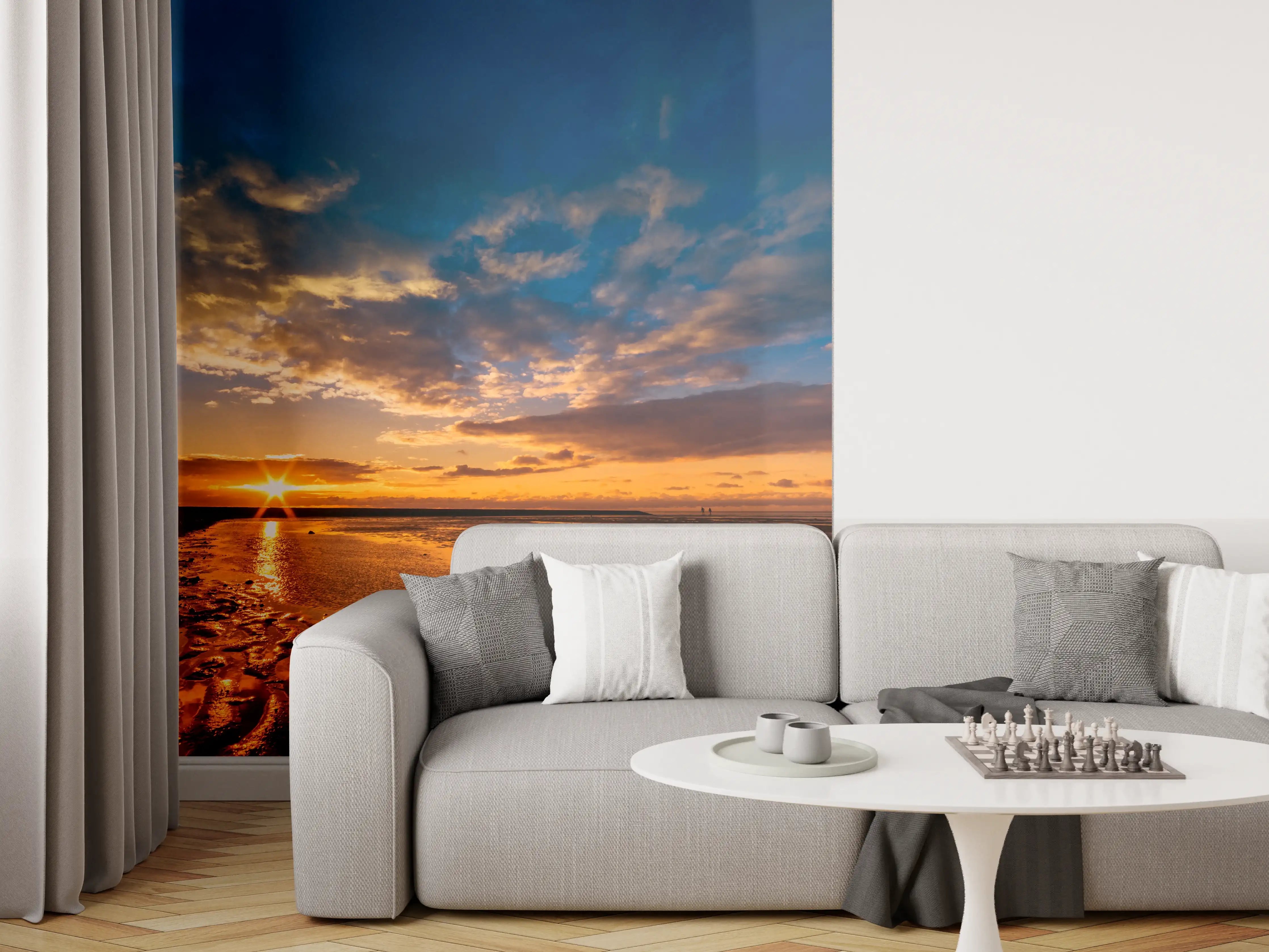 Wandverkleidung Wohnzimmer - Grau getönter Sonnenuntergang am Meer