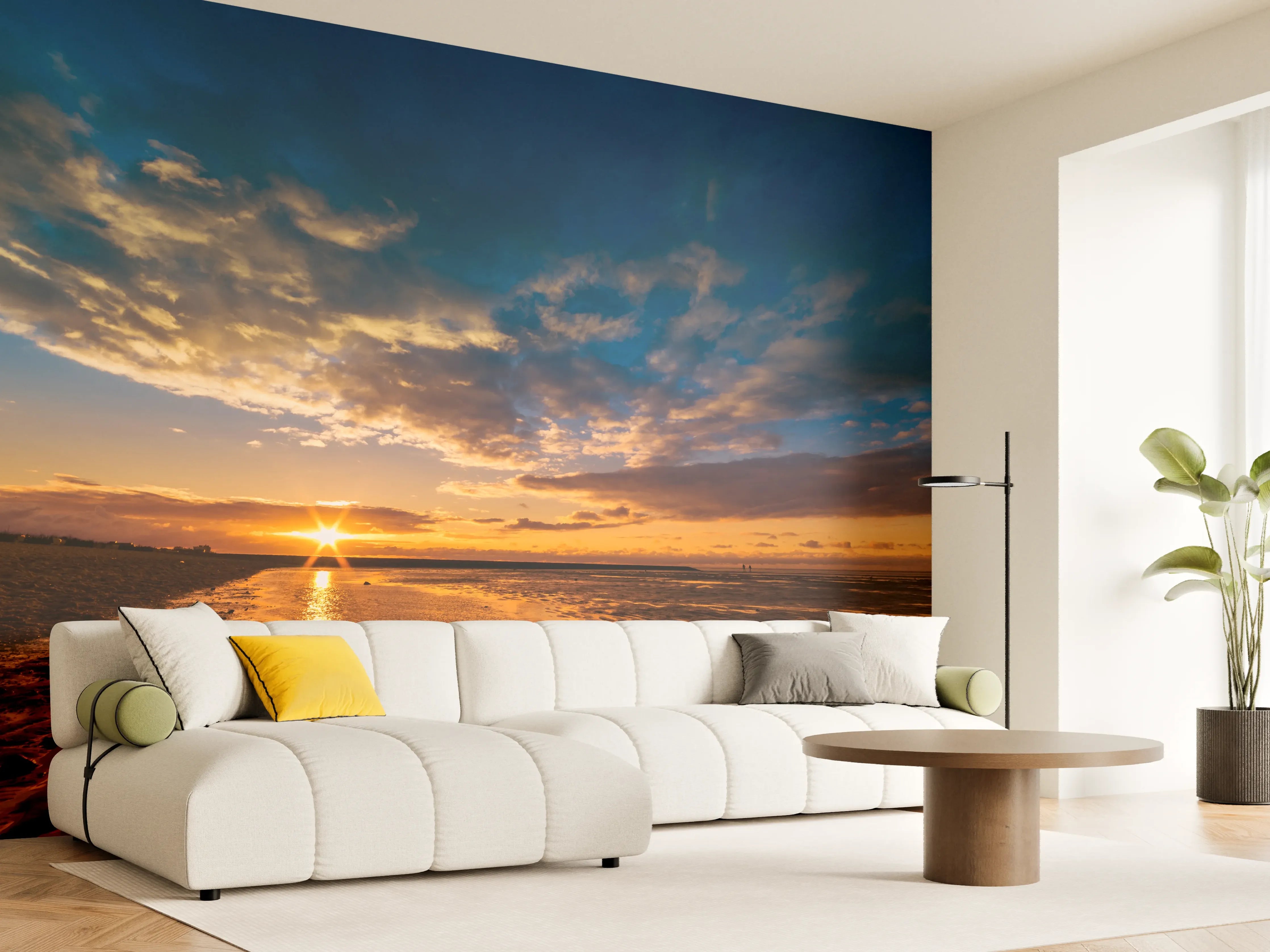 Wandverkleidung Wohnzimmer - Grau getönter Sonnenuntergang am Meer