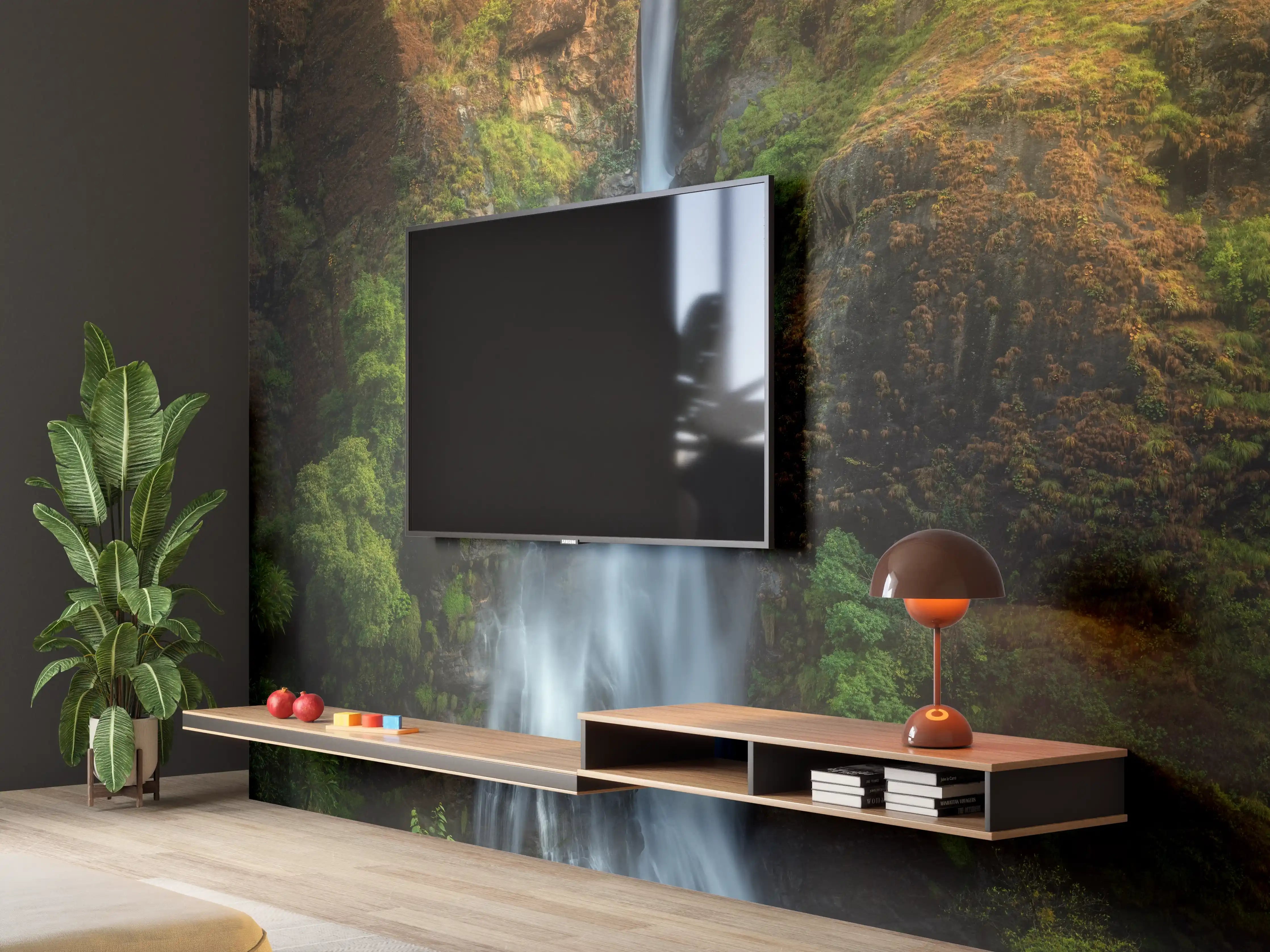 Wandverkleidung Wohnzimmer - Grau schimmernder Wasserfall in der Natur