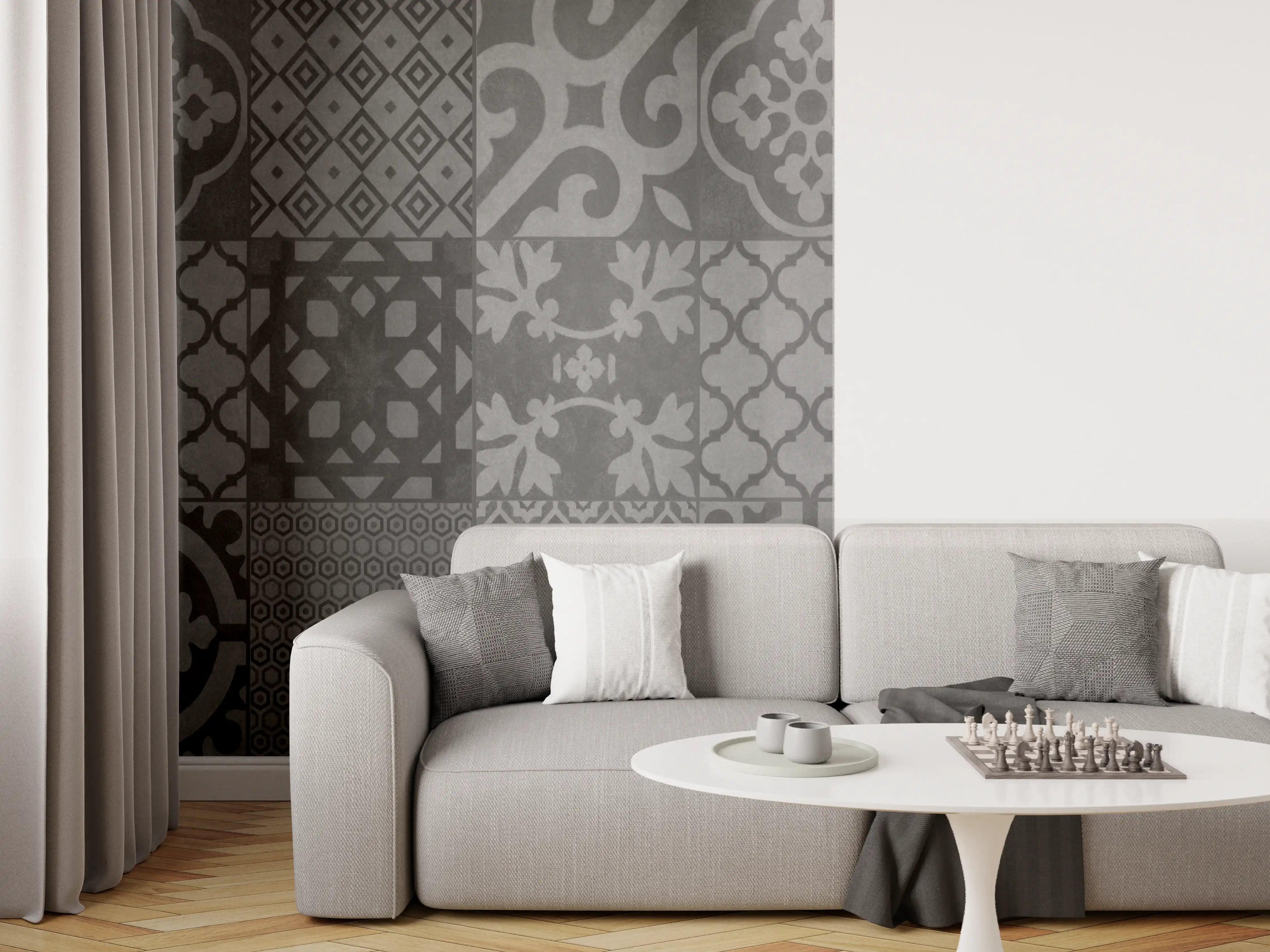 Wandverkleidung Wohnzimmer - Grau vintage Fliesen