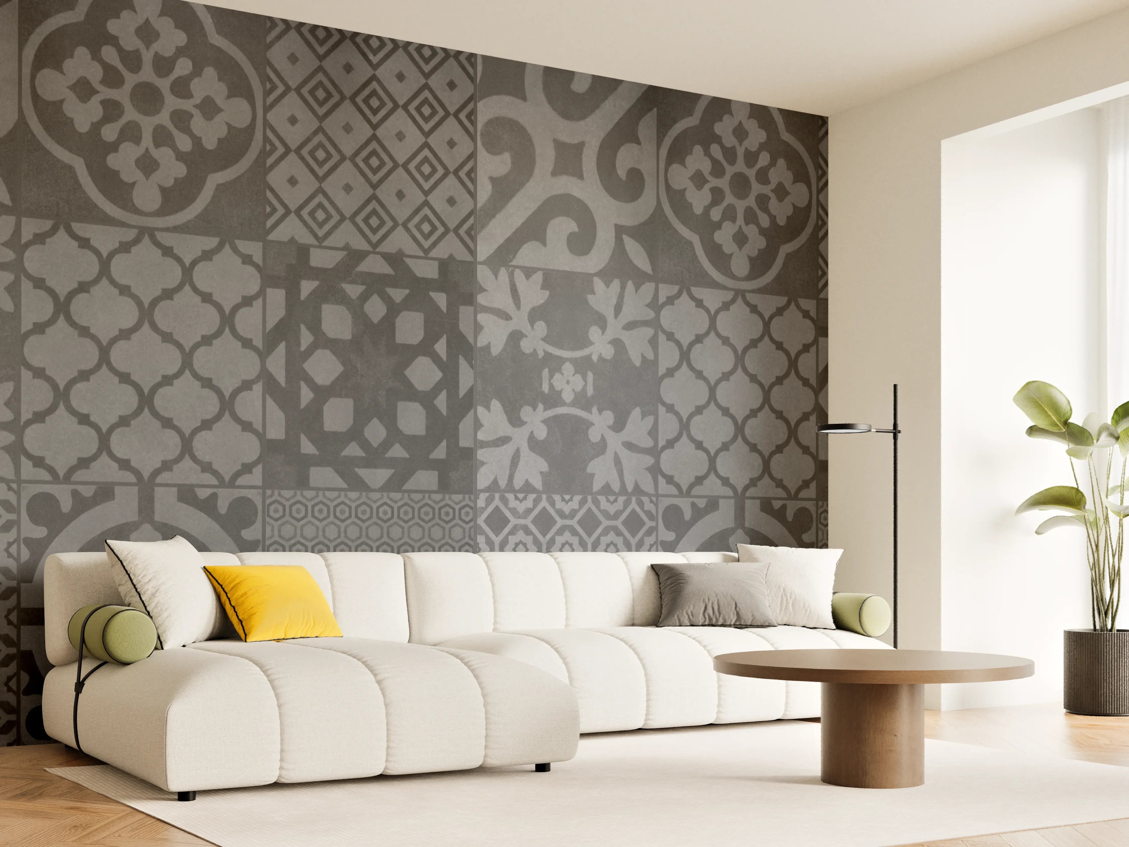Wandverkleidung Wohnzimmer - Grau vintage Fliesen