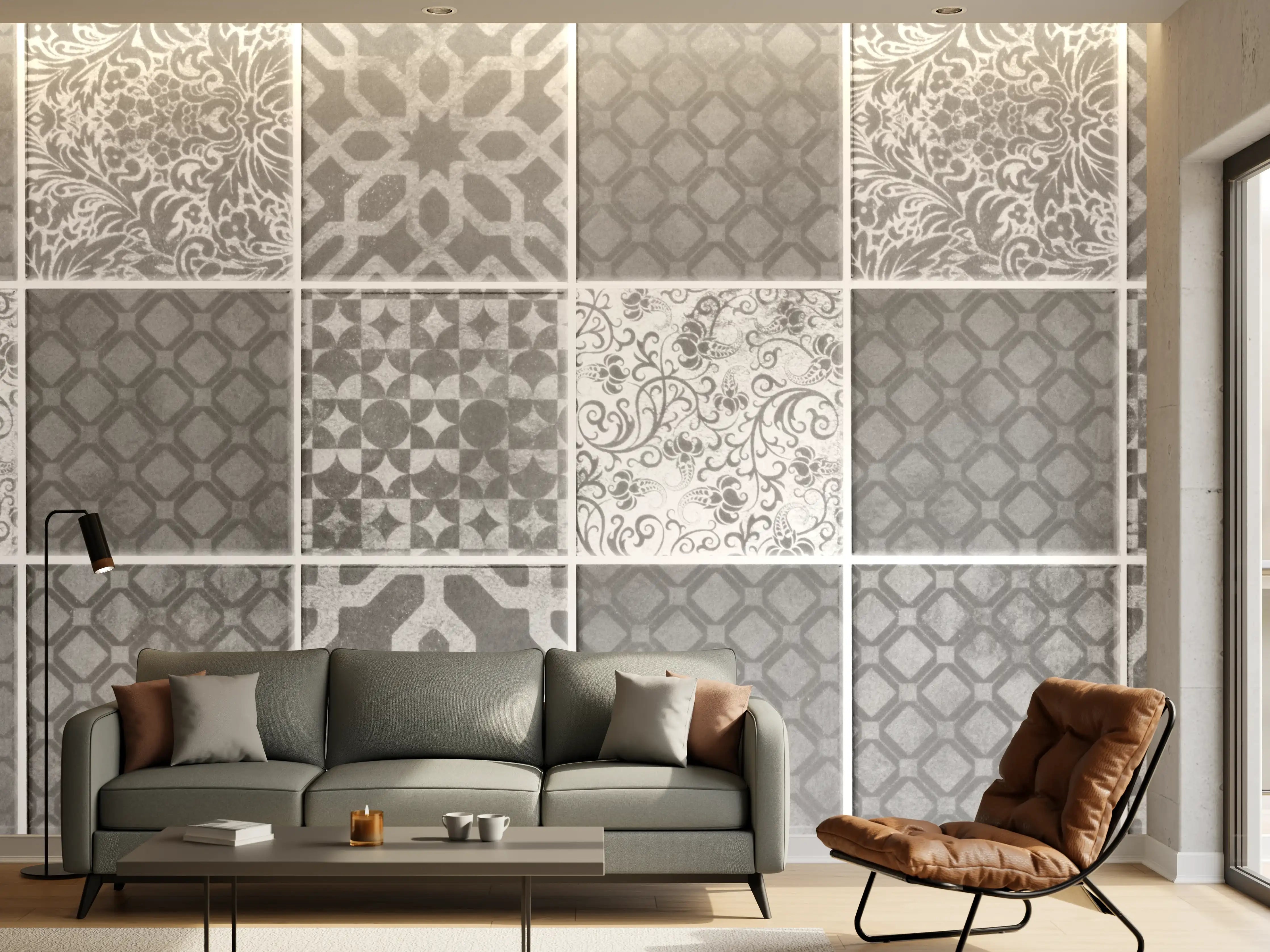 Wandverkleidung Wohnzimmer - Grau weiße Vintage Mosaik Textur