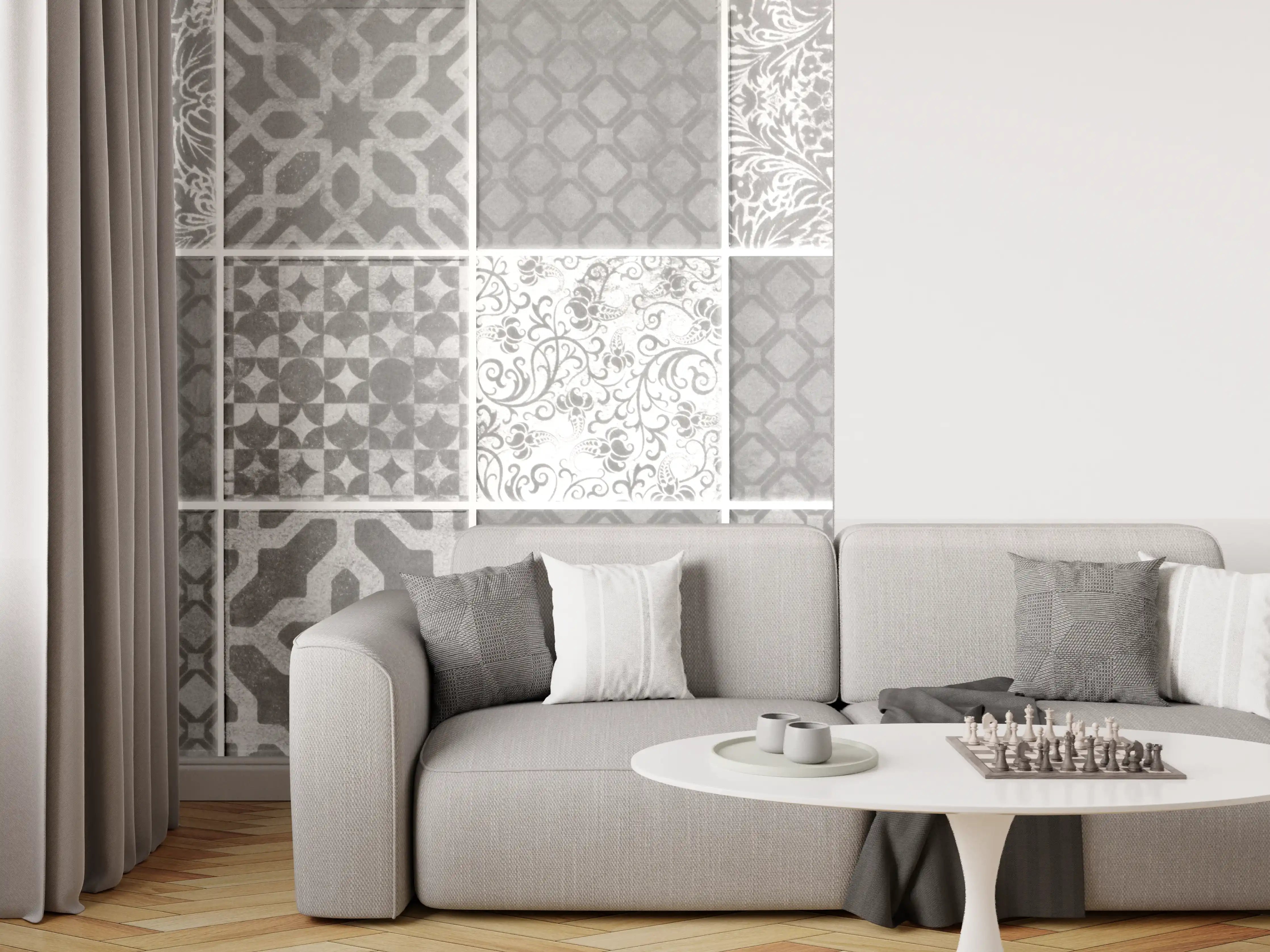 Wandverkleidung Wohnzimmer - Grau weiße Vintage Mosaik Textur