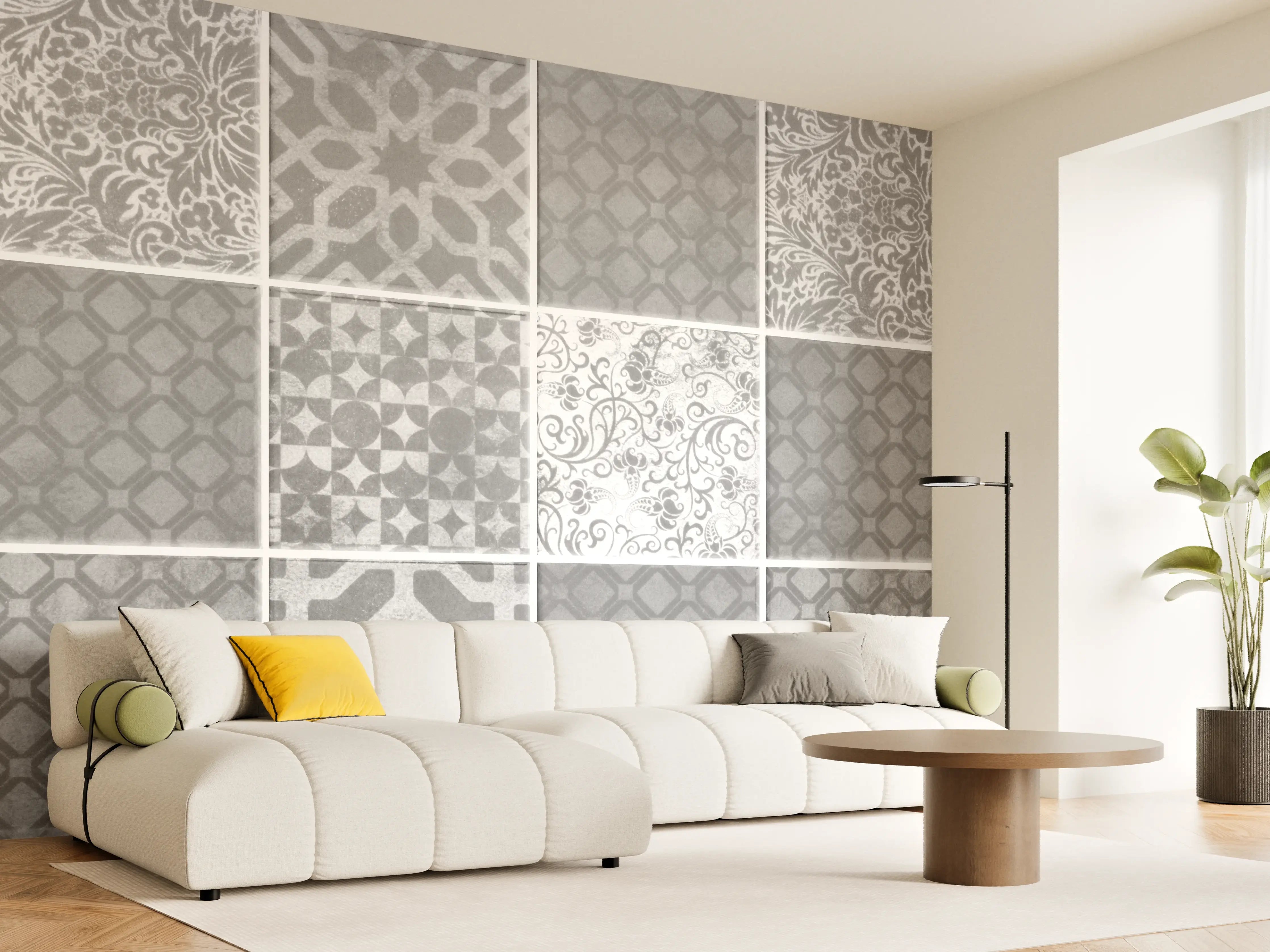 Wandverkleidung Wohnzimmer - Grau weiße Vintage Mosaik Textur