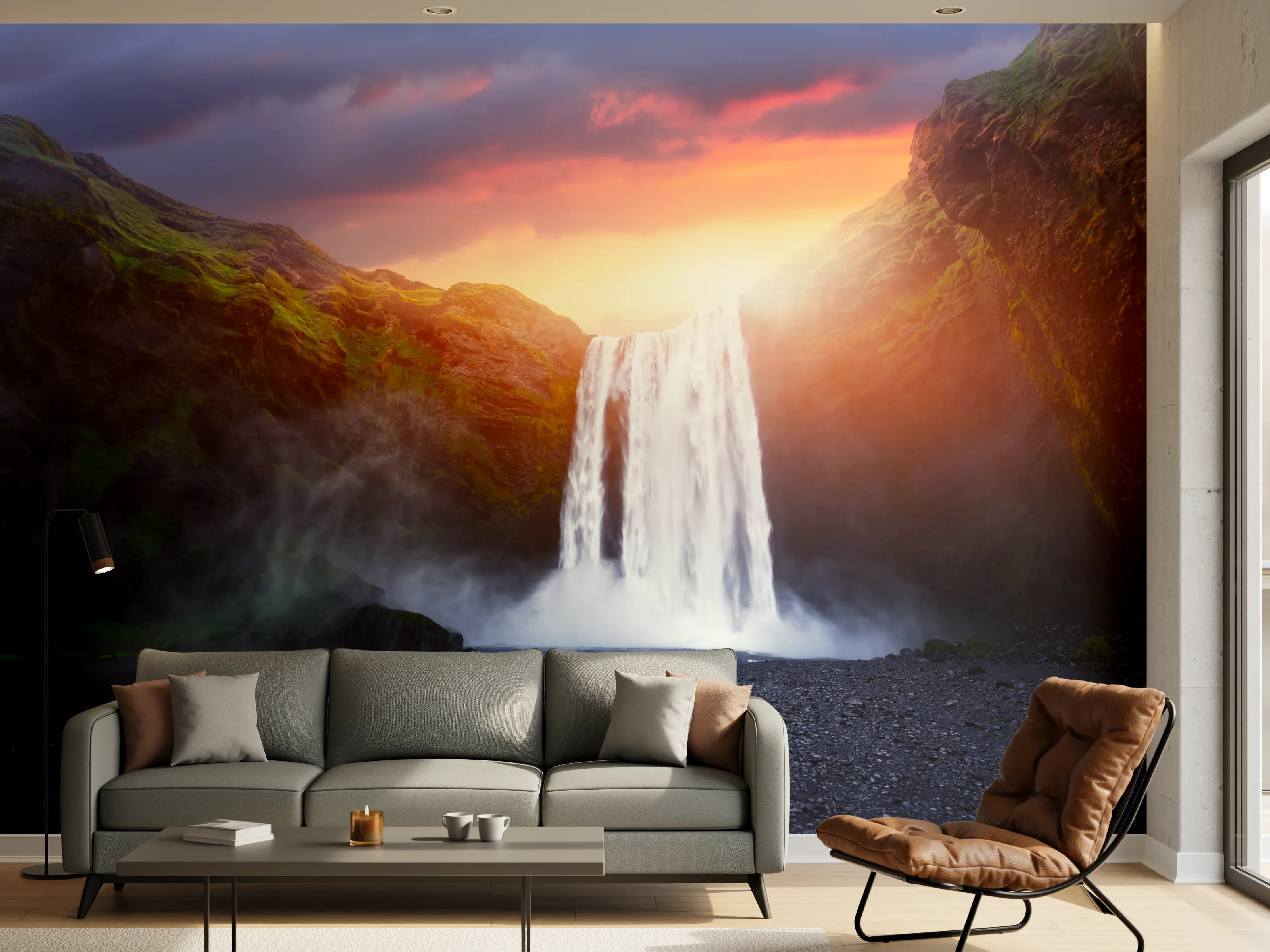 Wandverkleidung Wohnzimmer - Grau-weißer Wasserfall im Abendlicht