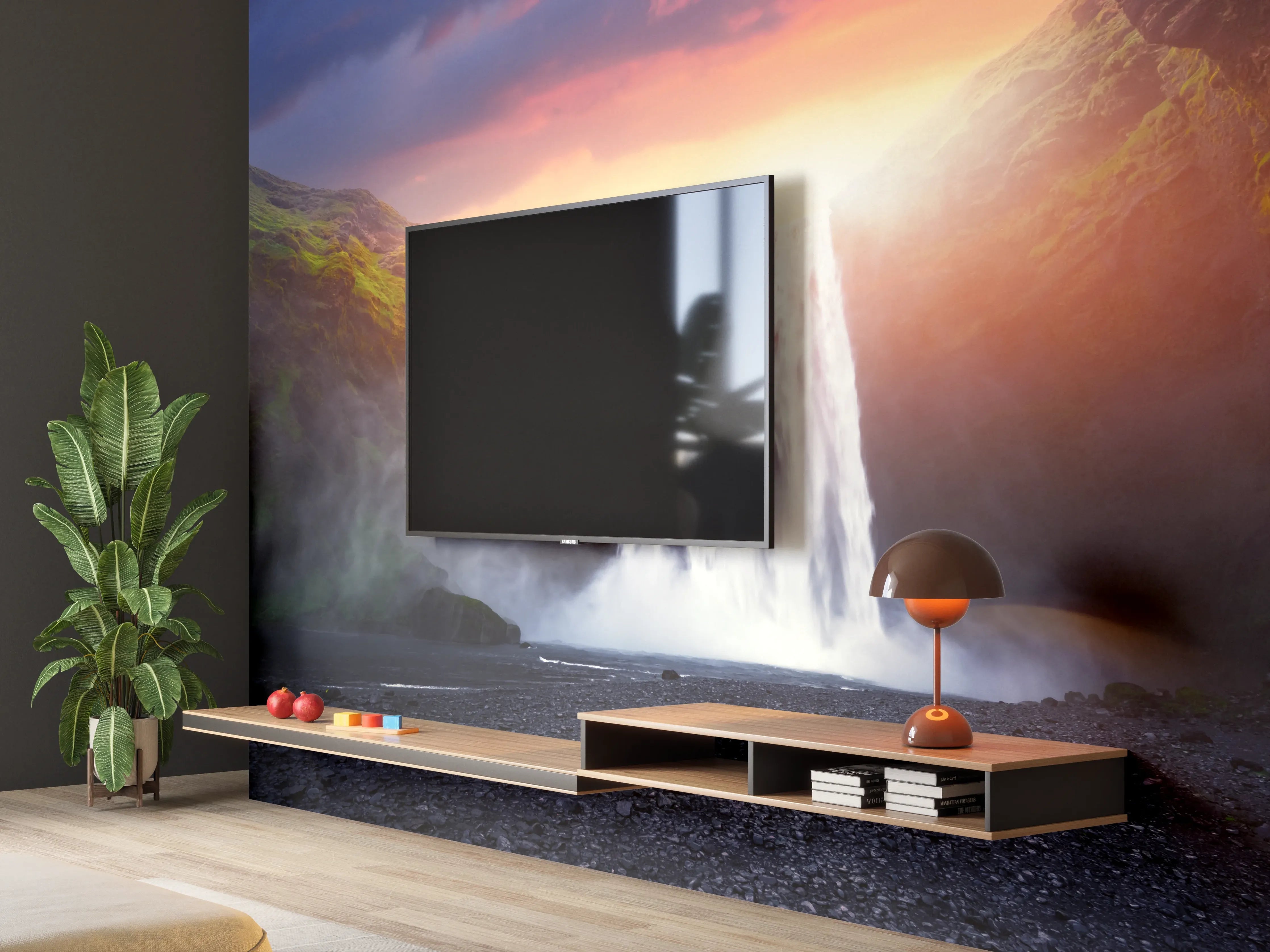 Wandverkleidung Wohnzimmer - Grau-weißer Wasserfall im Abendlicht