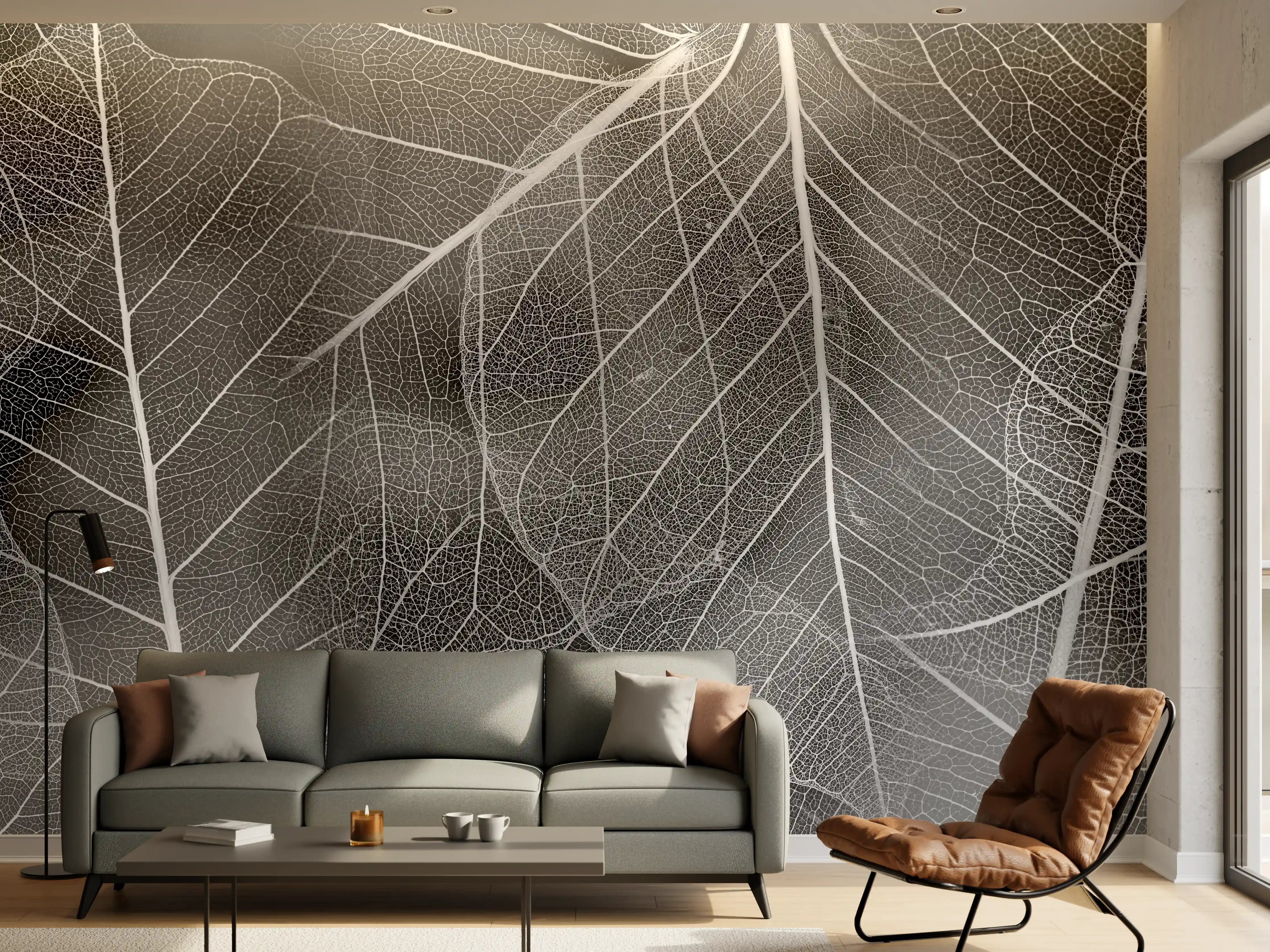 Wandverkleidung Wohnzimmer - Grau-weißes Blattmuster Close-up