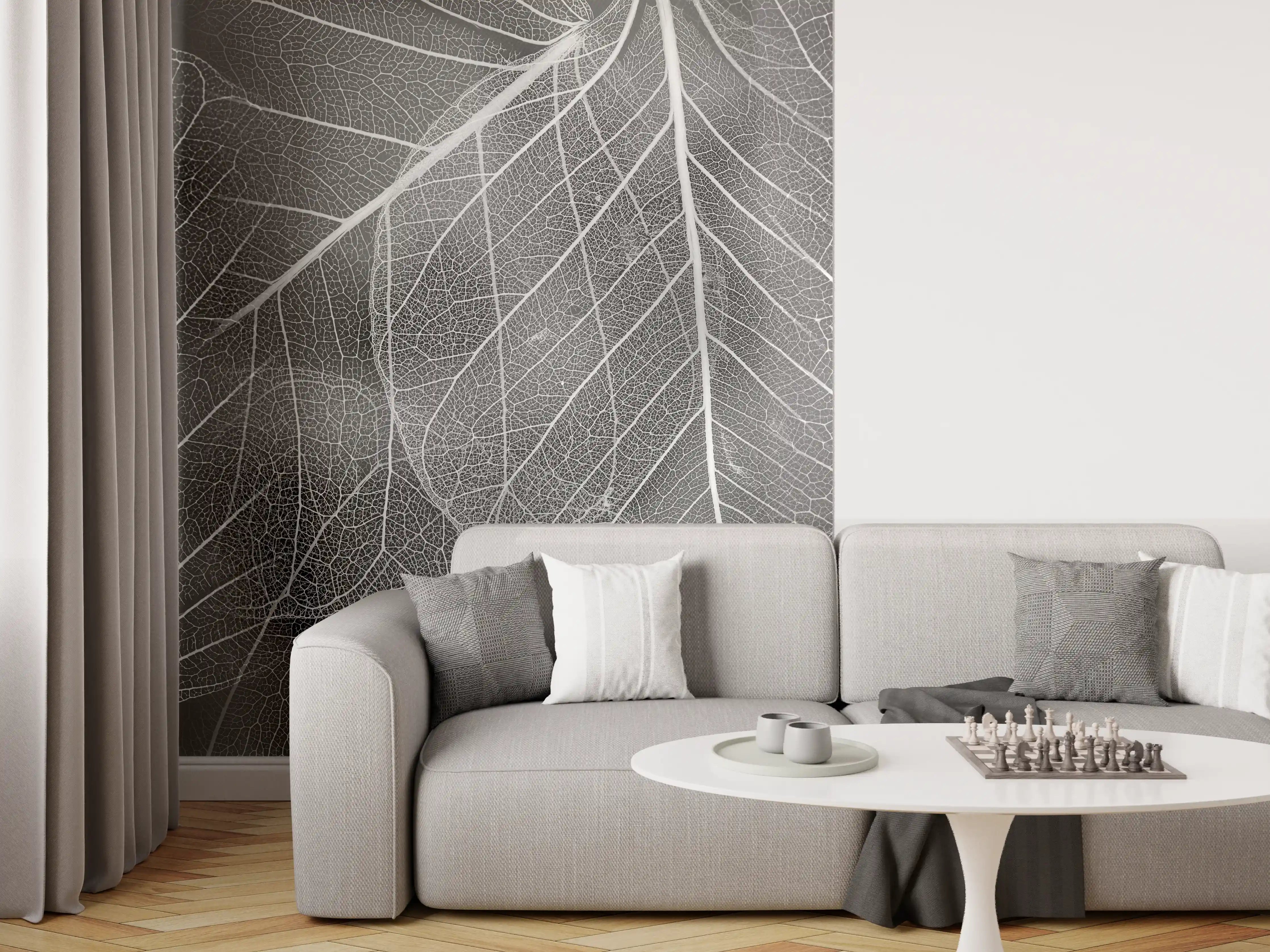 Wandverkleidung Wohnzimmer - Grau-weißes Blattmuster Close-up