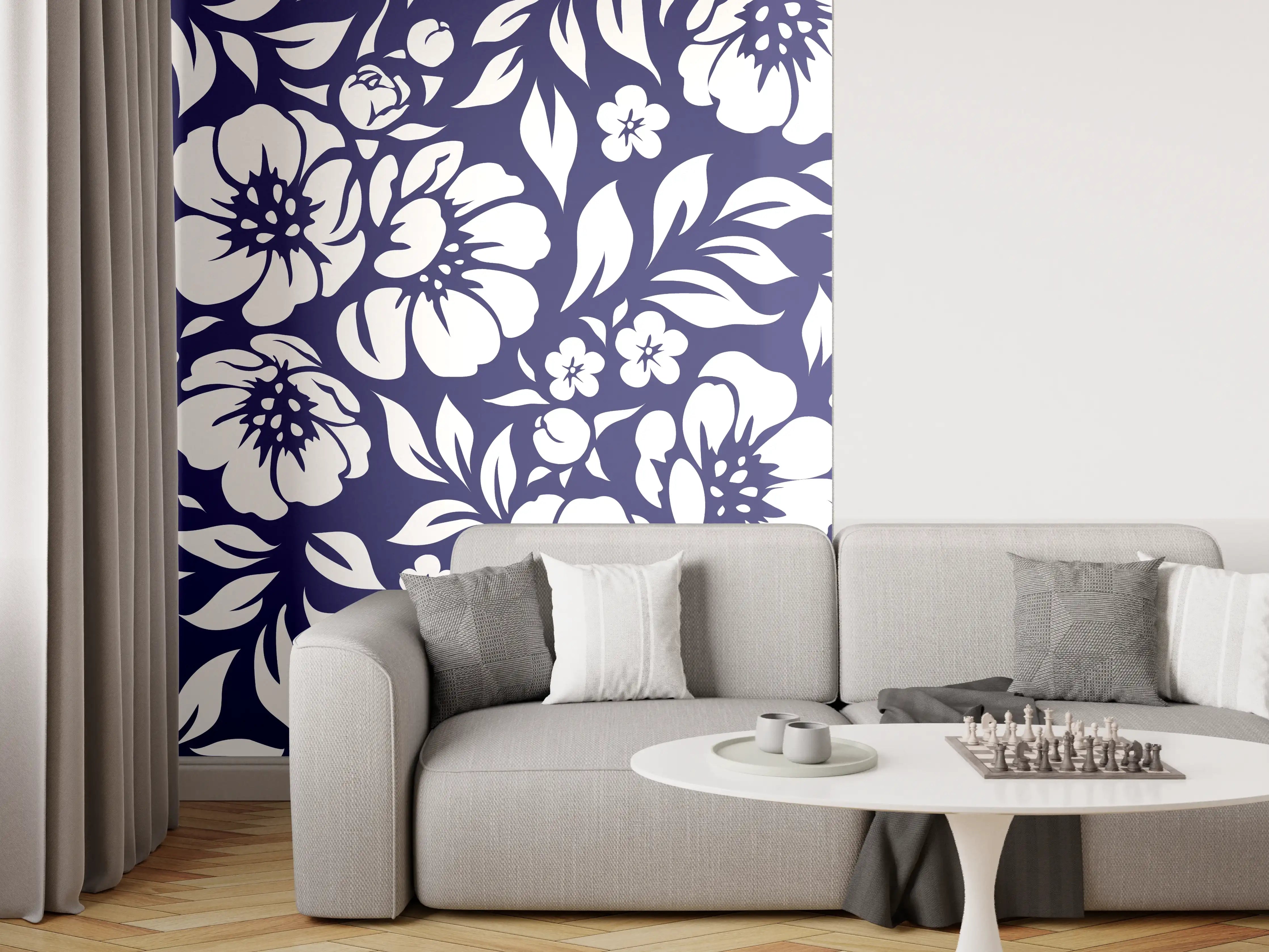 Wandverkleidung Wohnzimmer - Graublaues Blumendesign