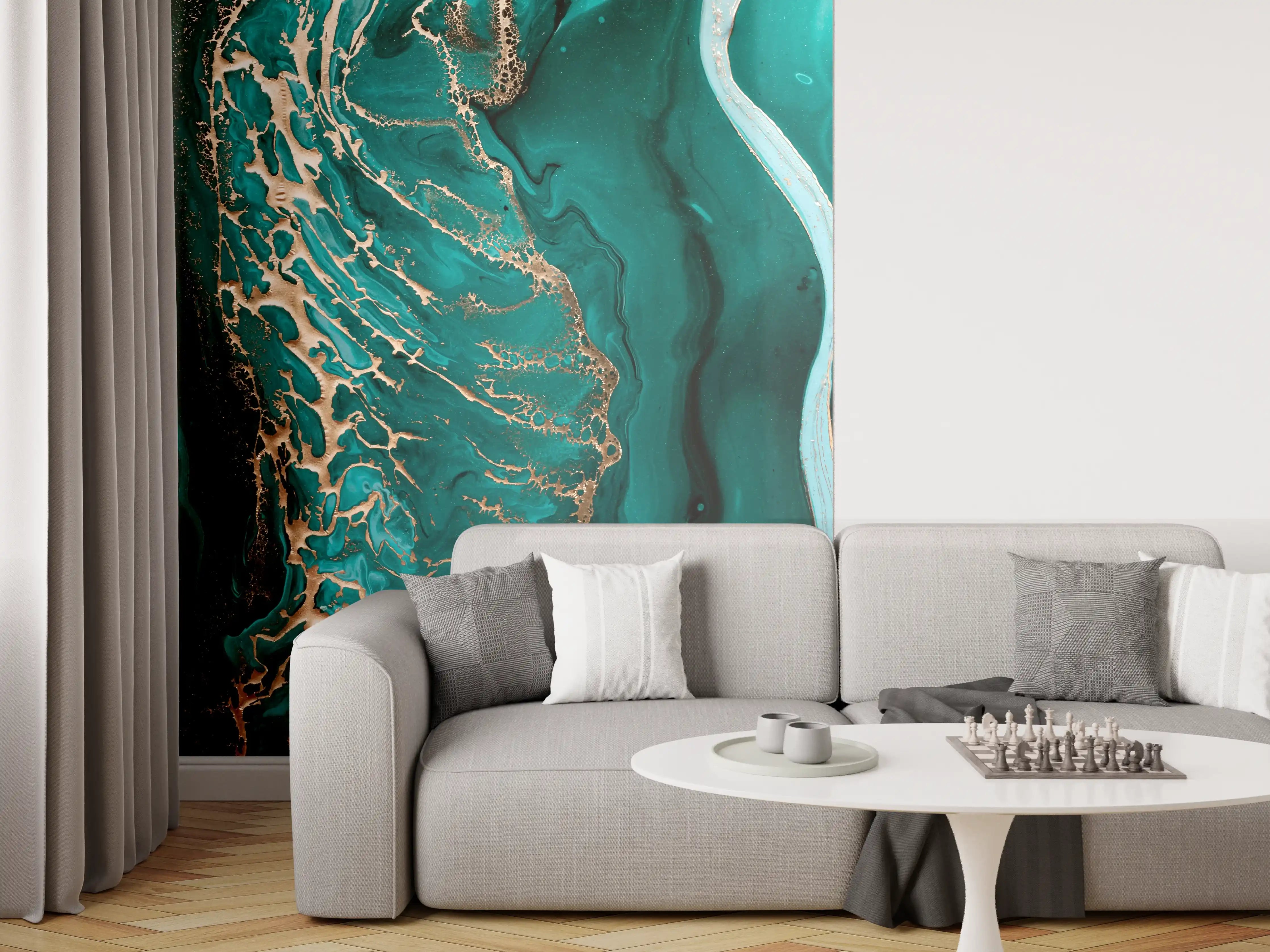 Wandverkleidung Wohnzimmer - Graue Akzente in Blau-Goldem Kunstwerk