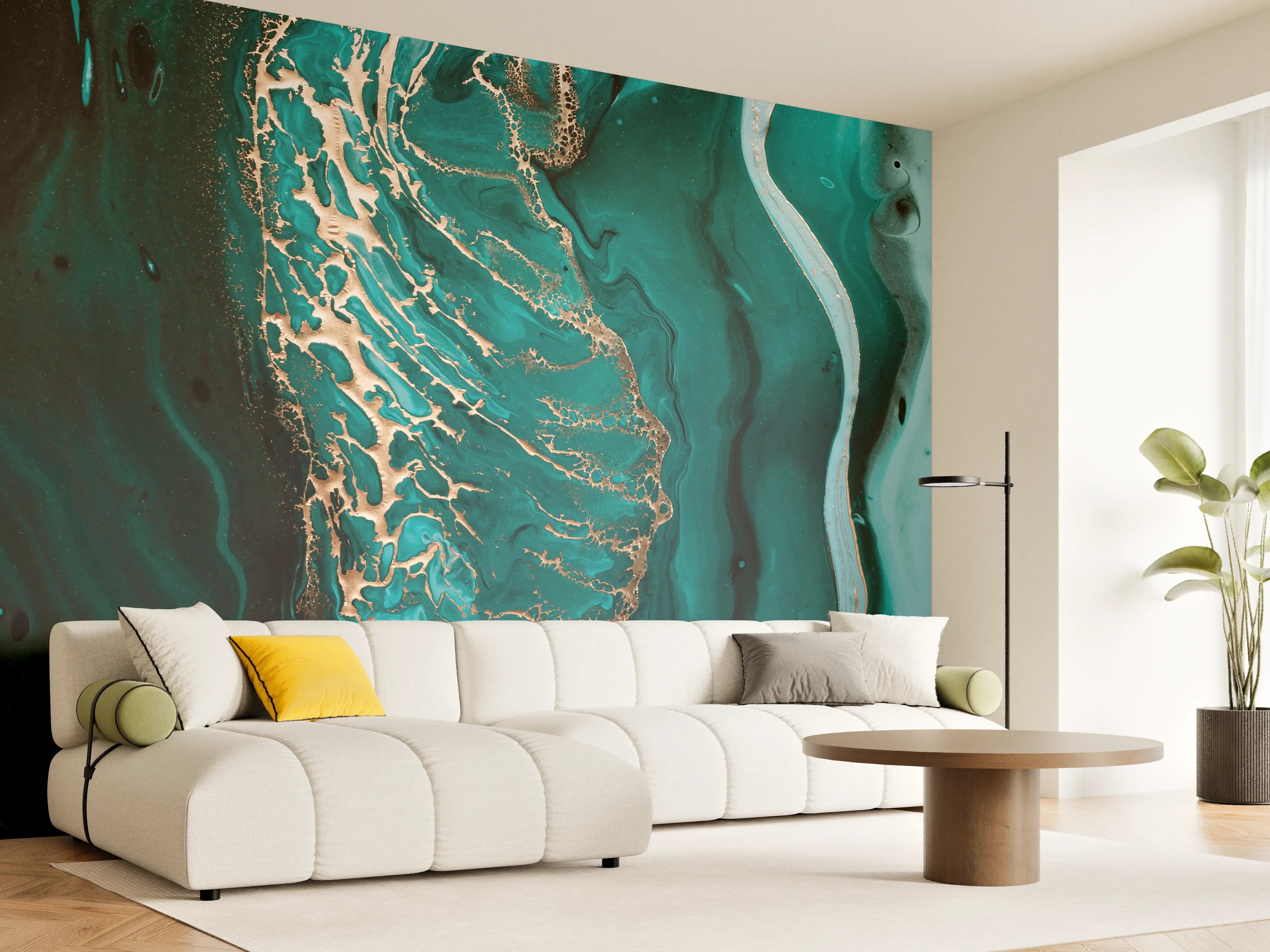 Wandverkleidung Wohnzimmer - Graue Akzente in Blau-Goldem Kunstwerk