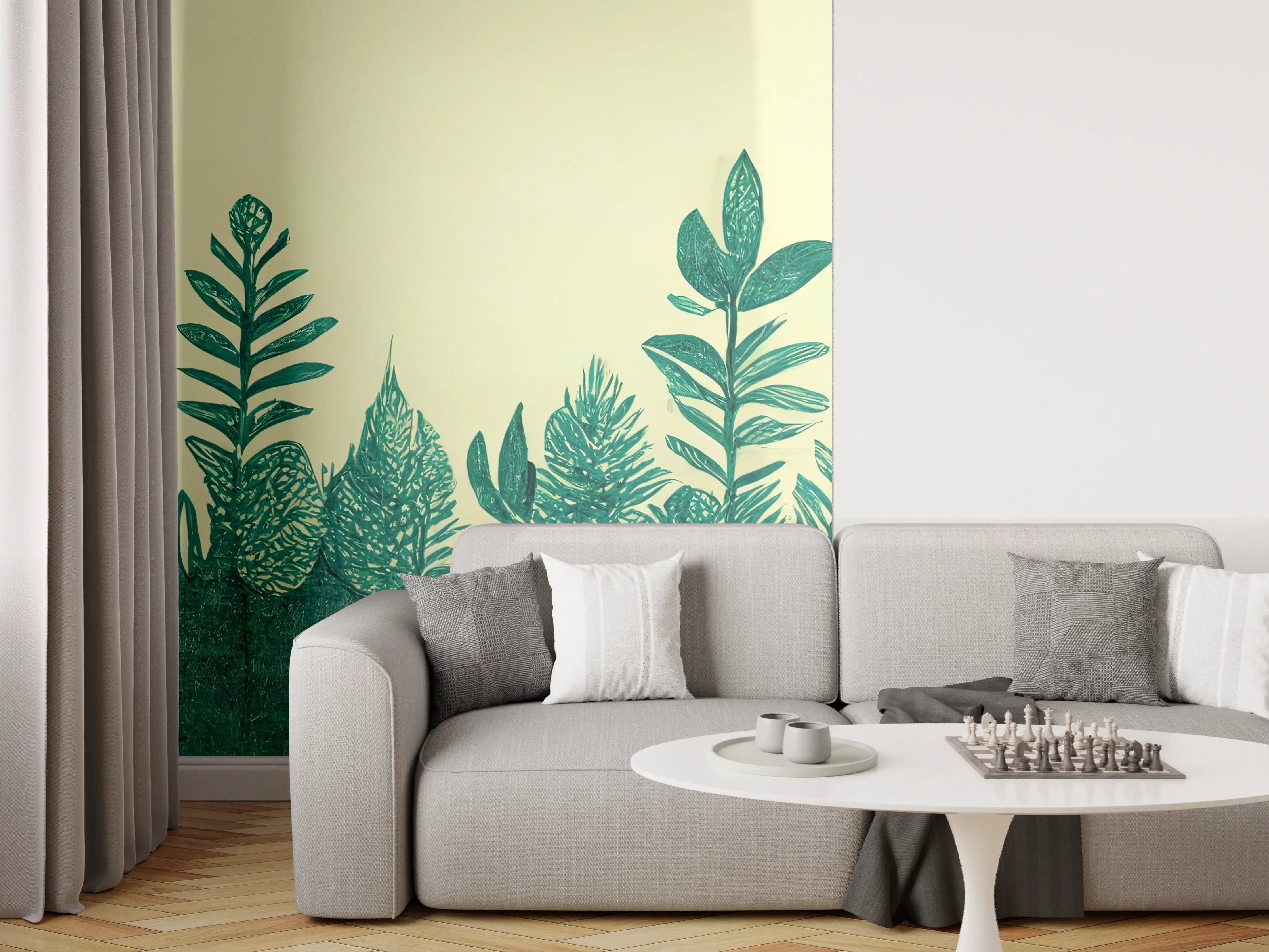 Wandverkleidung Wohnzimmer - Graue Akzente in grünen Pflanzen